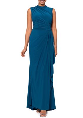 Women's Mock Neck Ruched Bodice Solid Gown