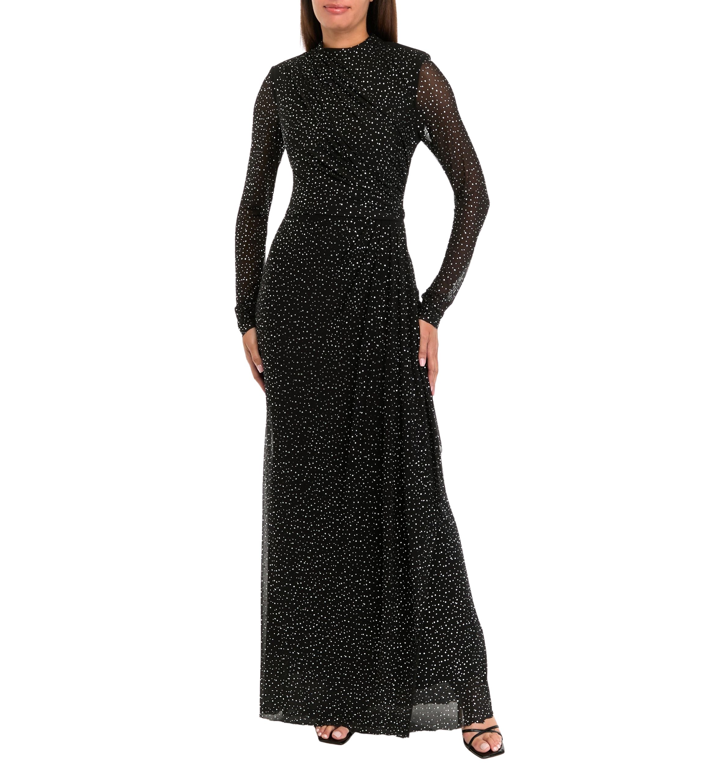 Womens Long Sleeve Sequin Side Scrunch Gown