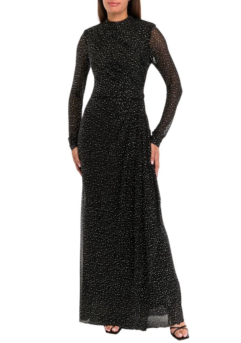 Womens Long Sleeve Sequin Side Scrunch Gown