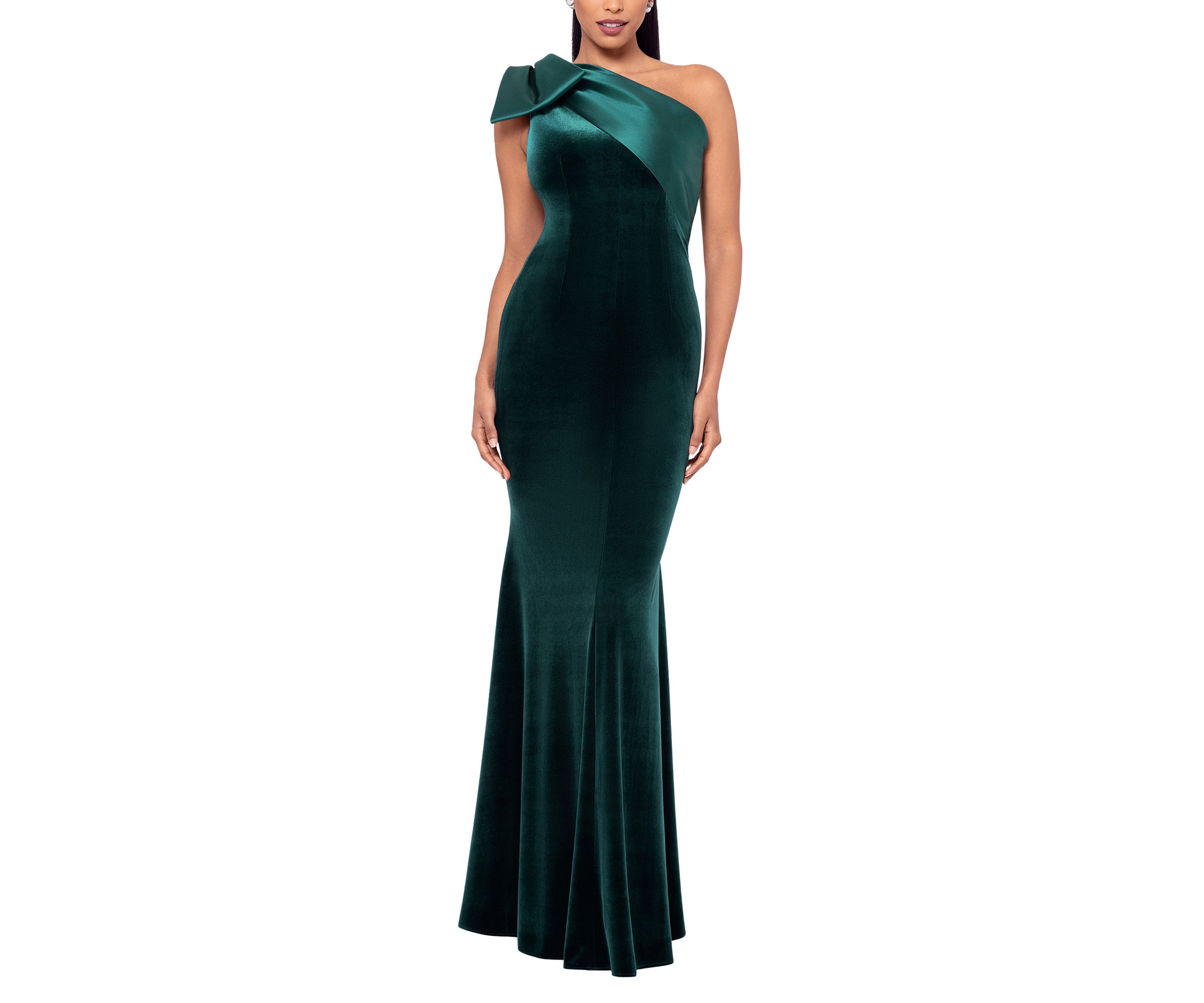 Long Velvet One Shoulder Mikado Bow Gown 
