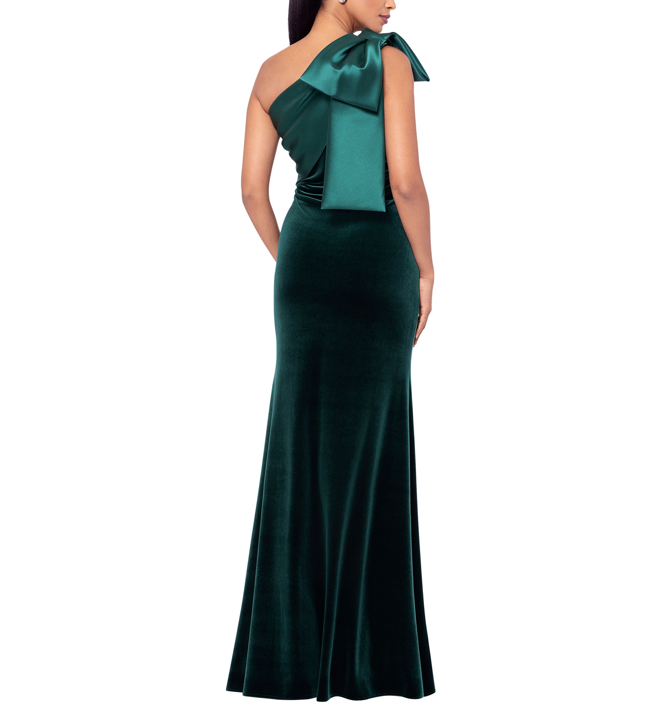 Long Velvet One Shoulder Mikado Bow Gown 