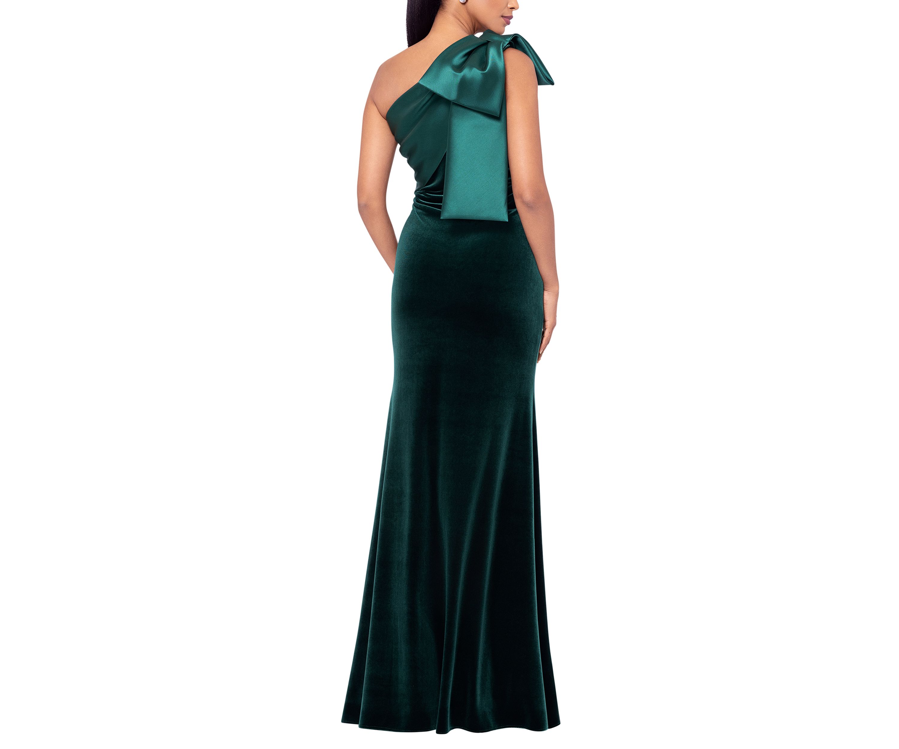 Long Velvet One Shoulder Mikado Bow Gown 