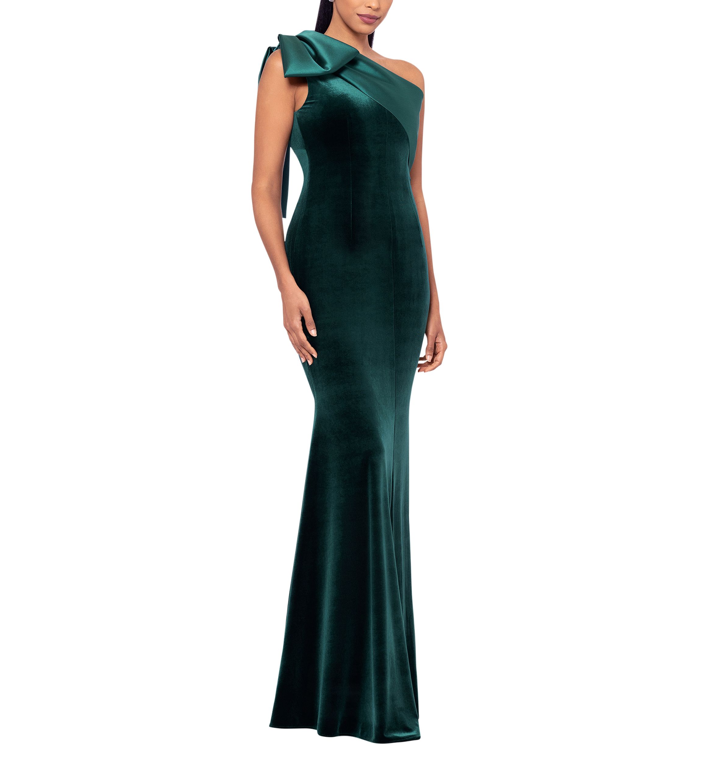 Long Velvet One Shoulder Mikado Bow Gown 