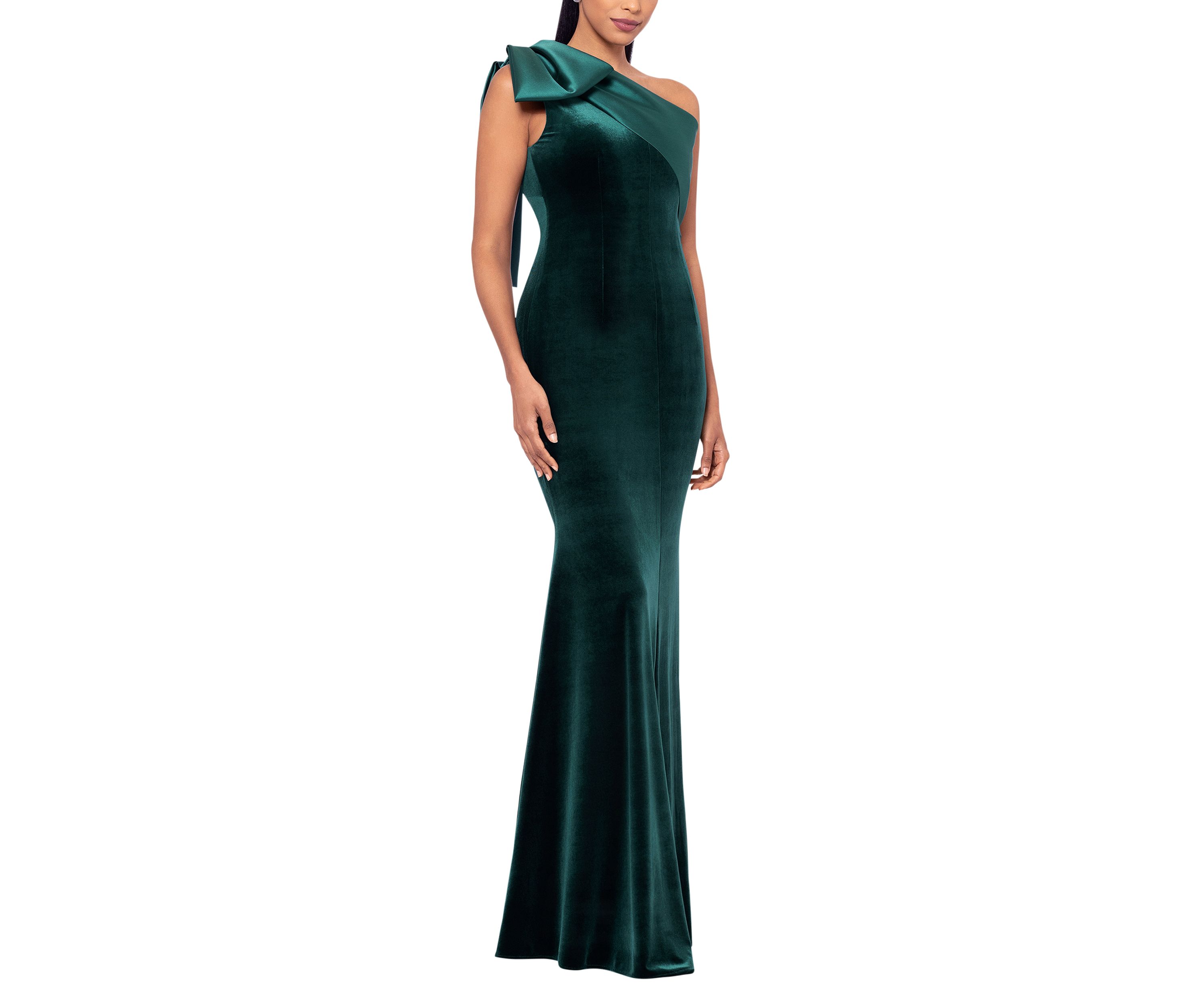 Long Velvet One Shoulder Mikado Bow Gown 
