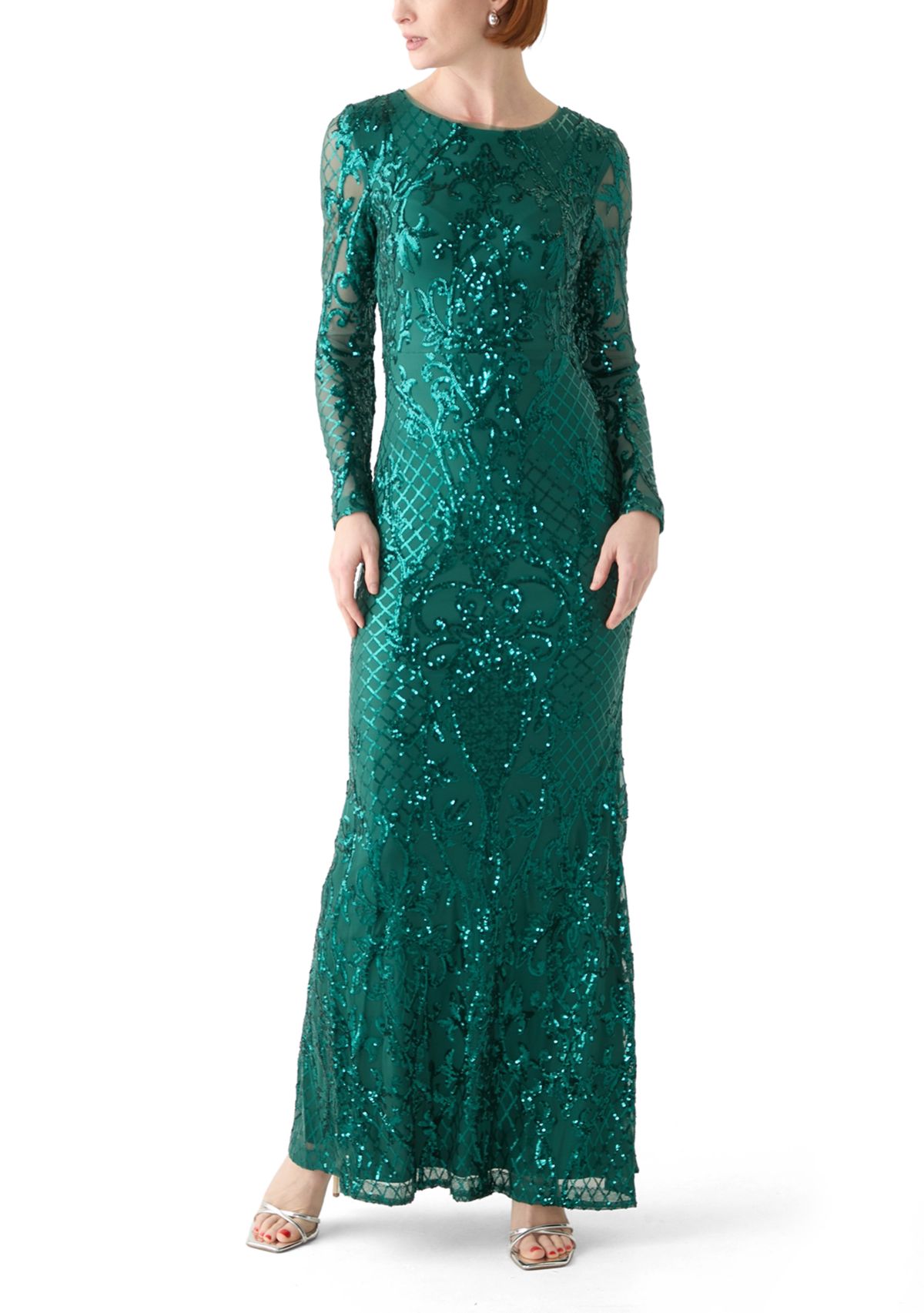 Womens Long Sleeve Sequin Gown 
