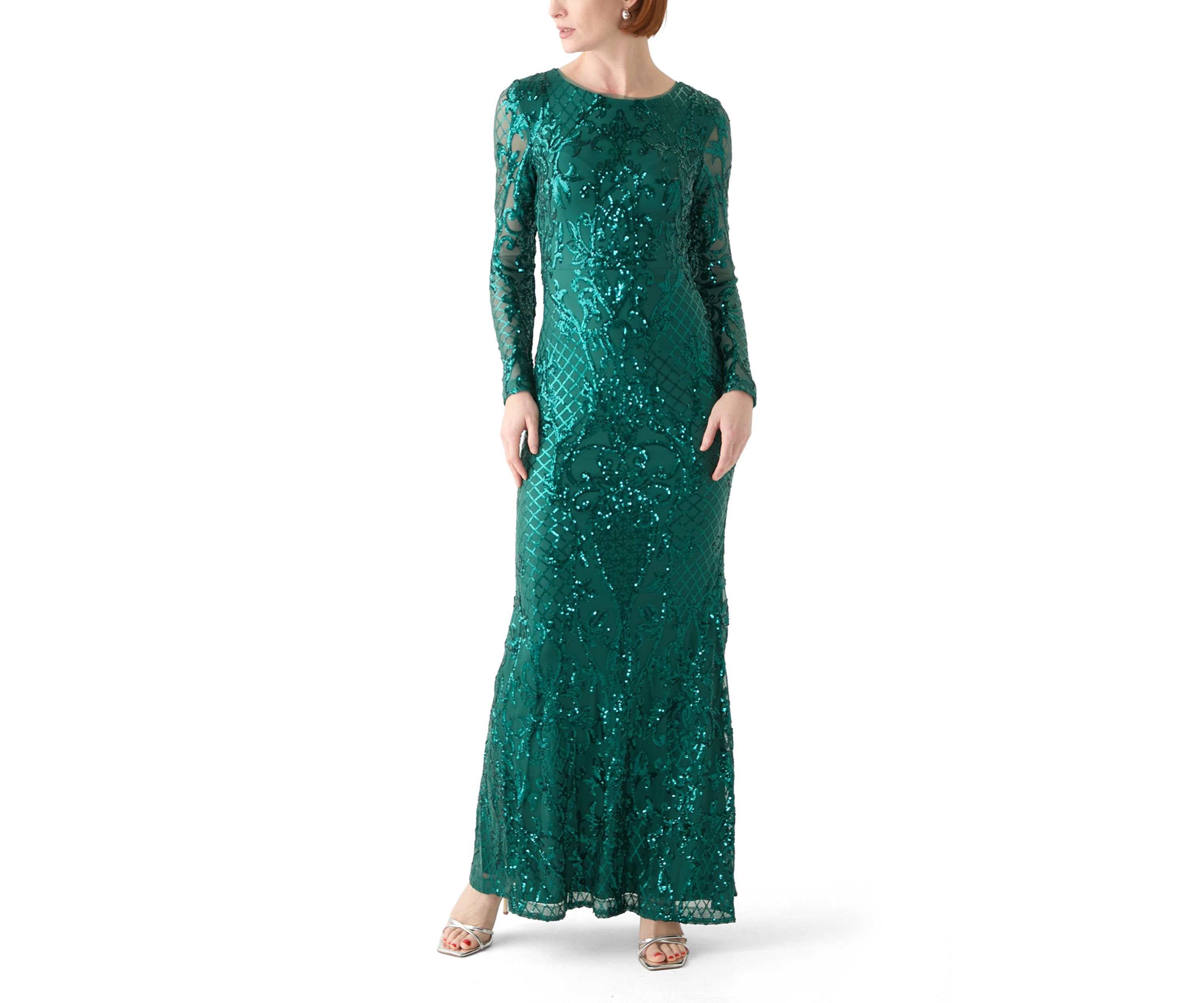Womens Long Sleeve Sequin Gown 