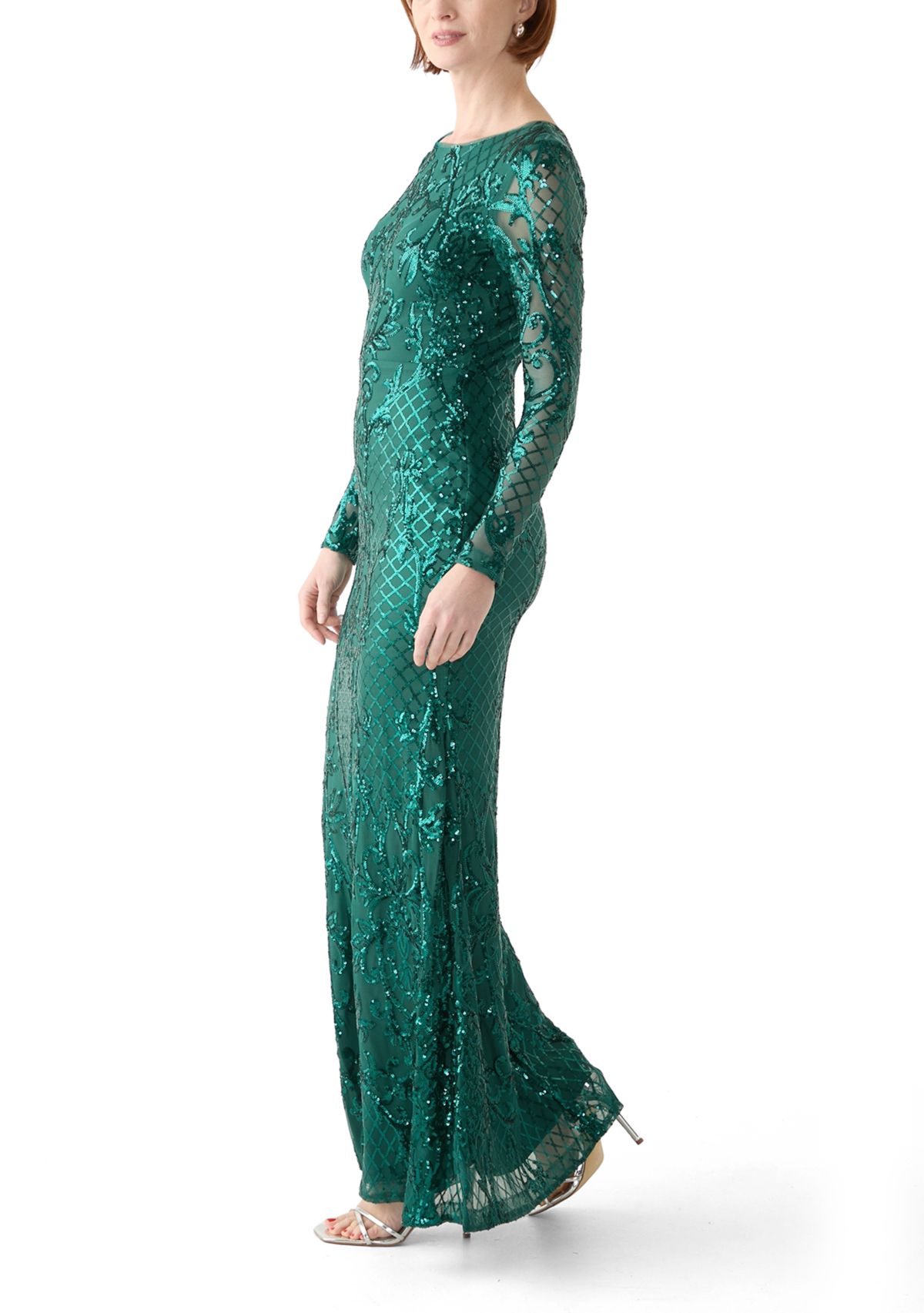 Womens Long Sleeve Sequin Gown 