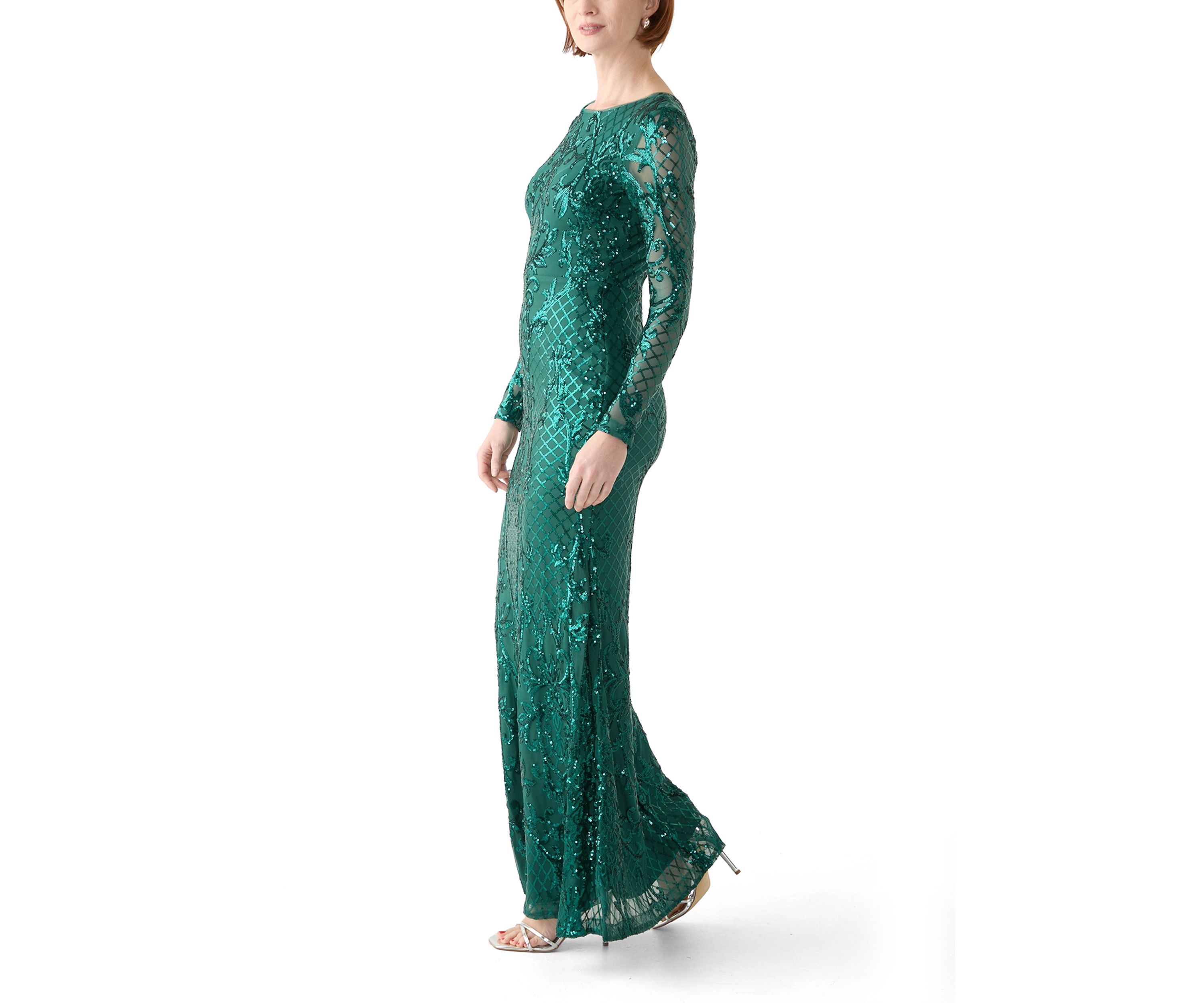 Womens Long Sleeve Sequin Gown 