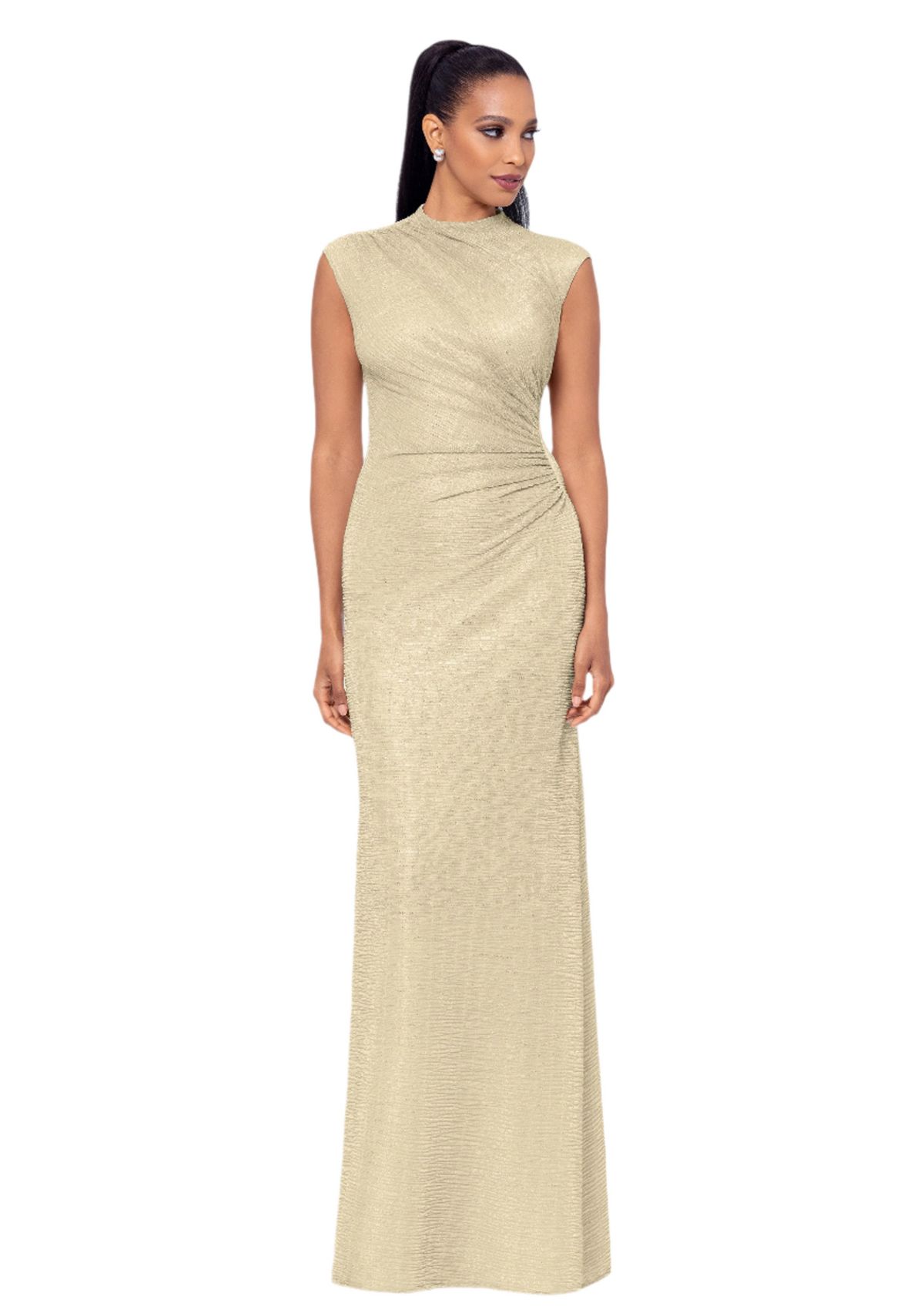 Womens Cap Sleeve High Neck Solid Gown 