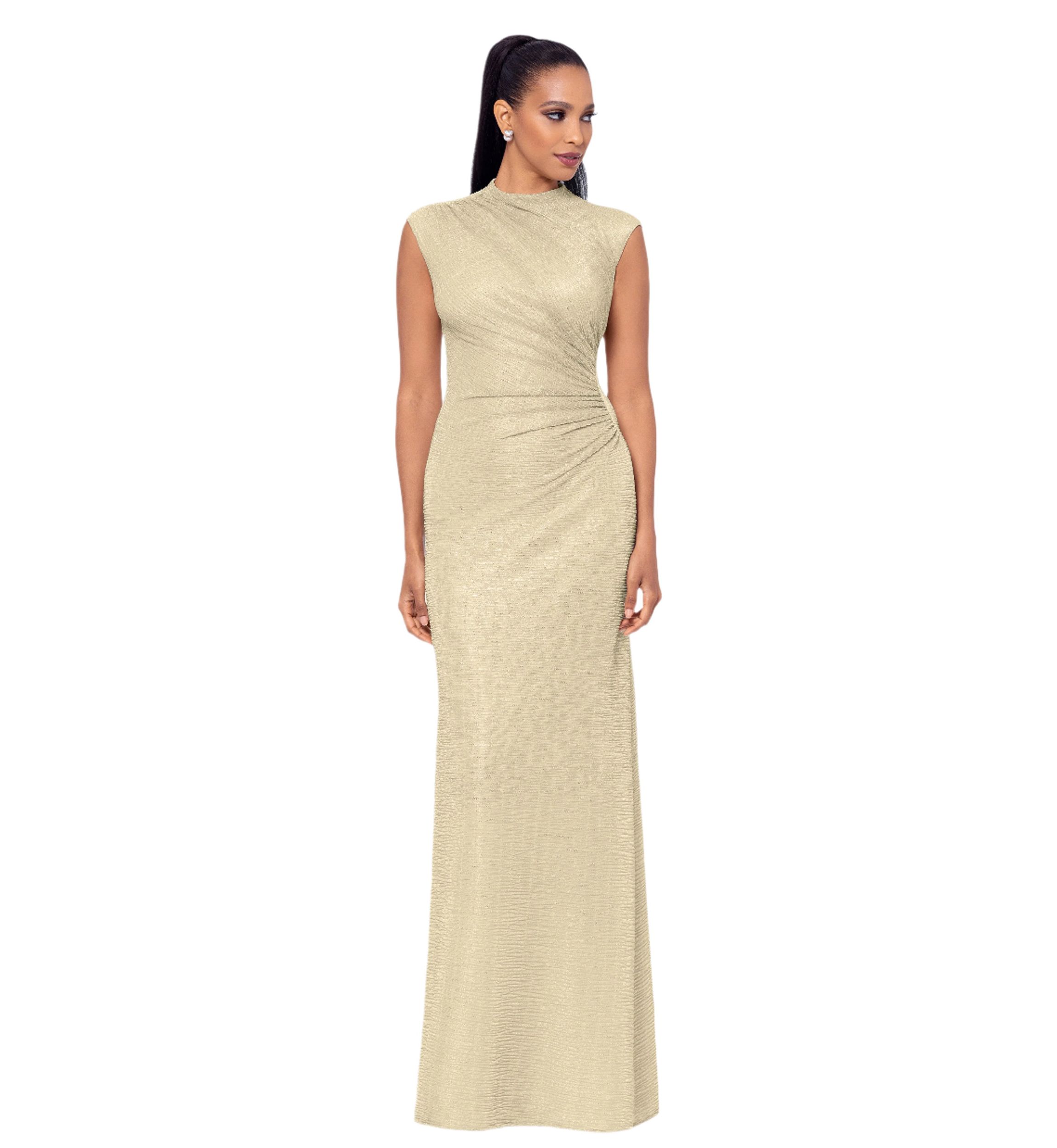 Womens Cap Sleeve High Neck Solid Gown 