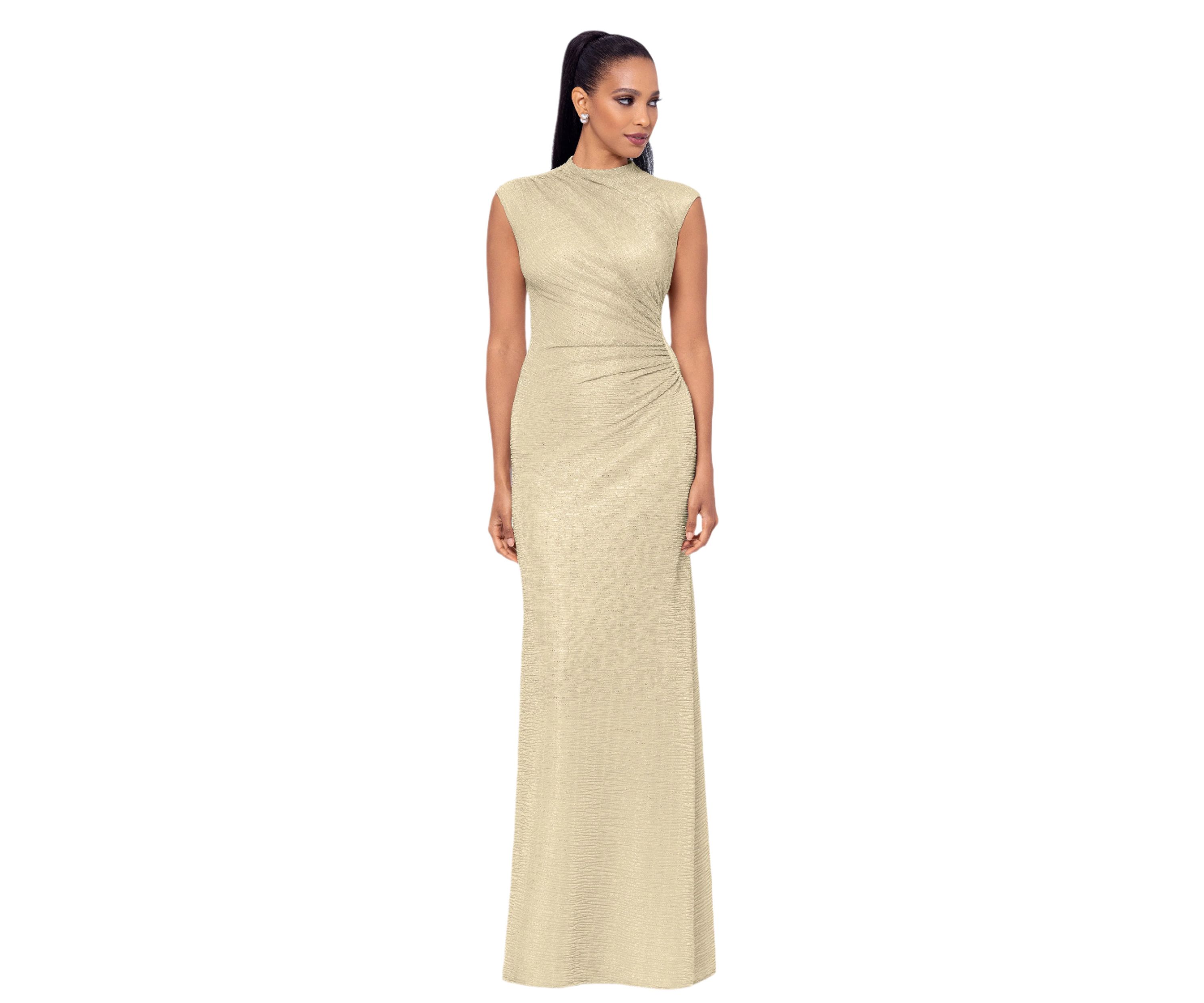 Womens Cap Sleeve High Neck Solid Gown 