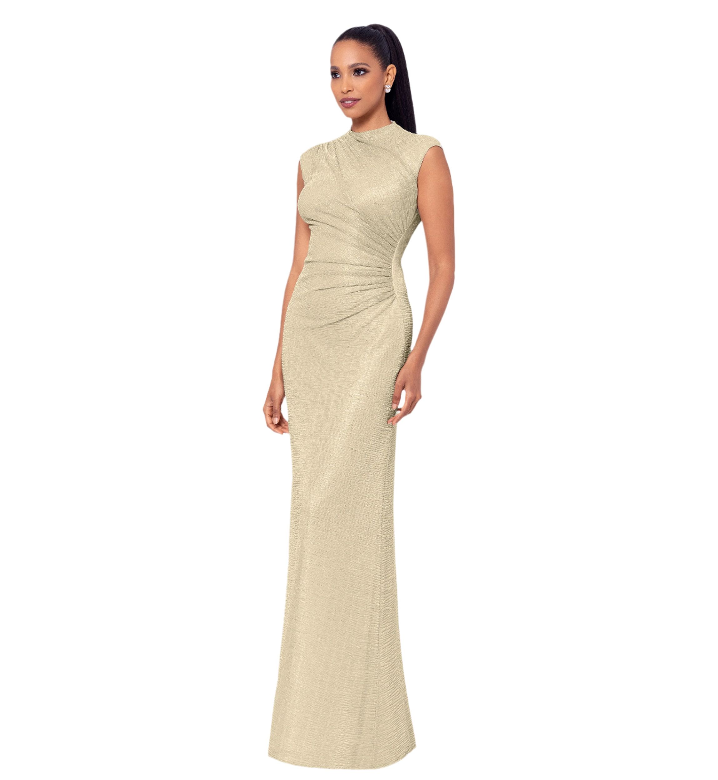 Womens Cap Sleeve High Neck Solid Gown 
