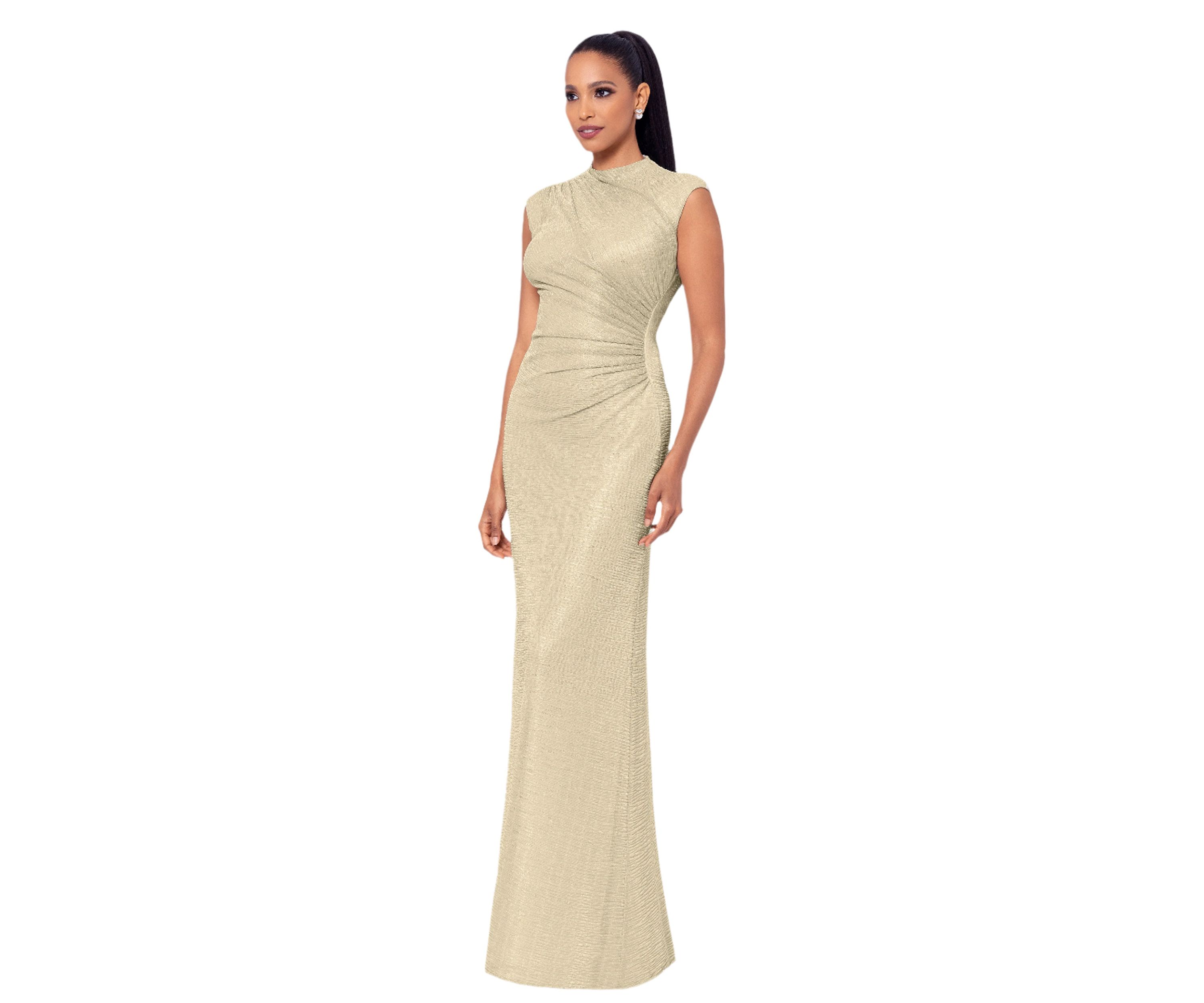 Womens Cap Sleeve High Neck Solid Gown 
