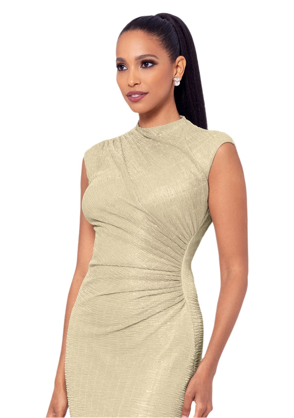 Womens Cap Sleeve High Neck Solid Gown 