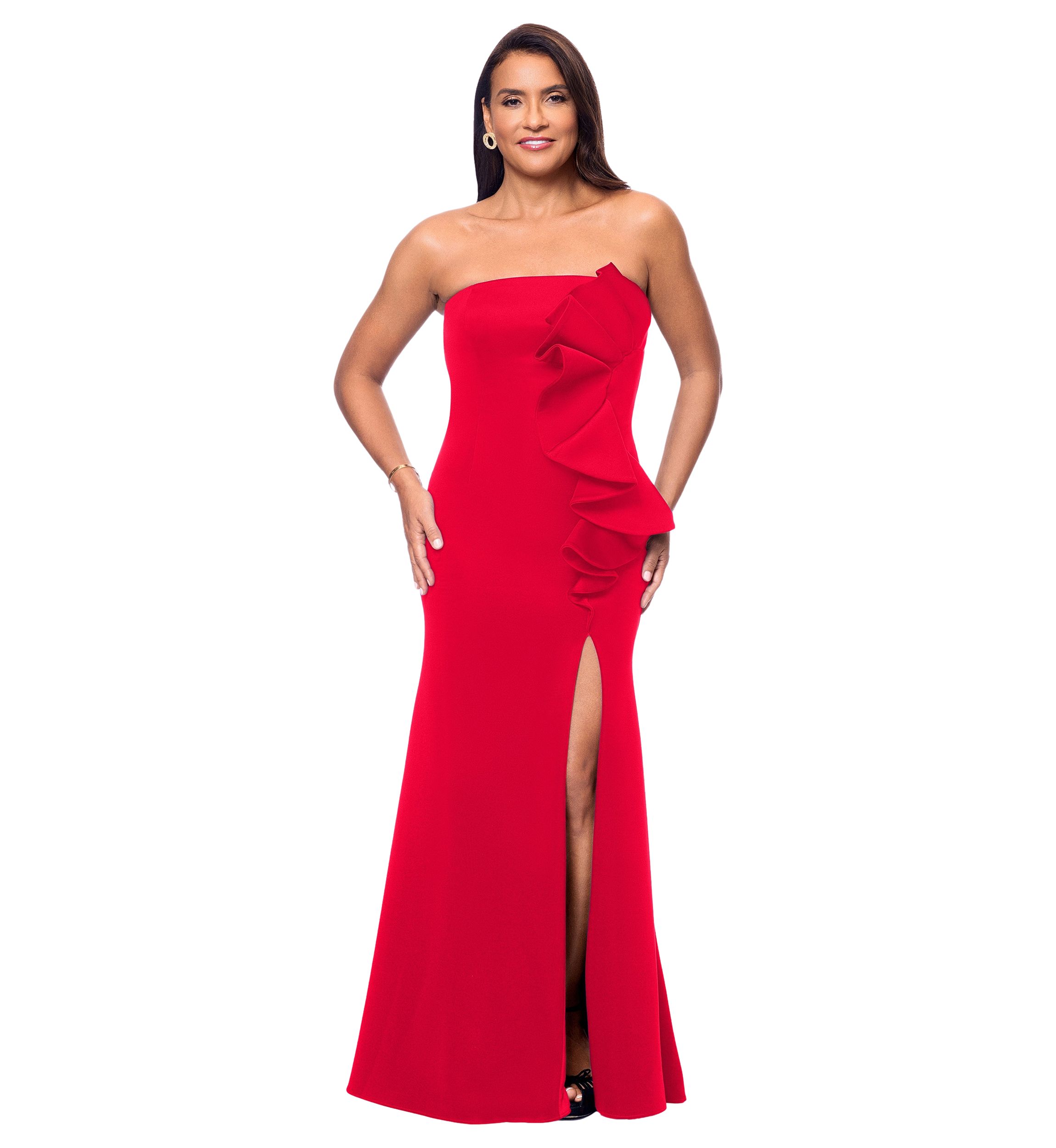 Womens Strapless Ruffle Detail Scuba Gown