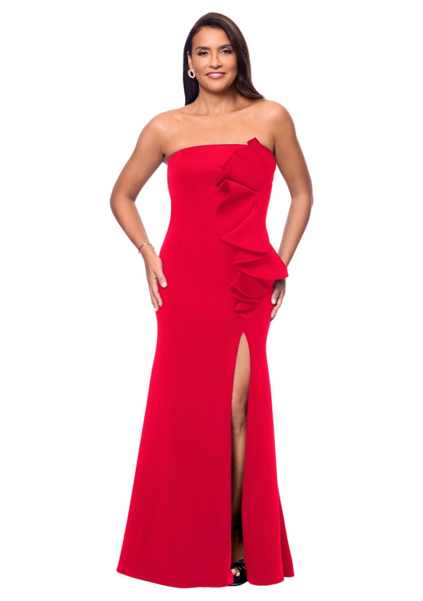 Womens Strapless Ruffle Detail Scuba Gown