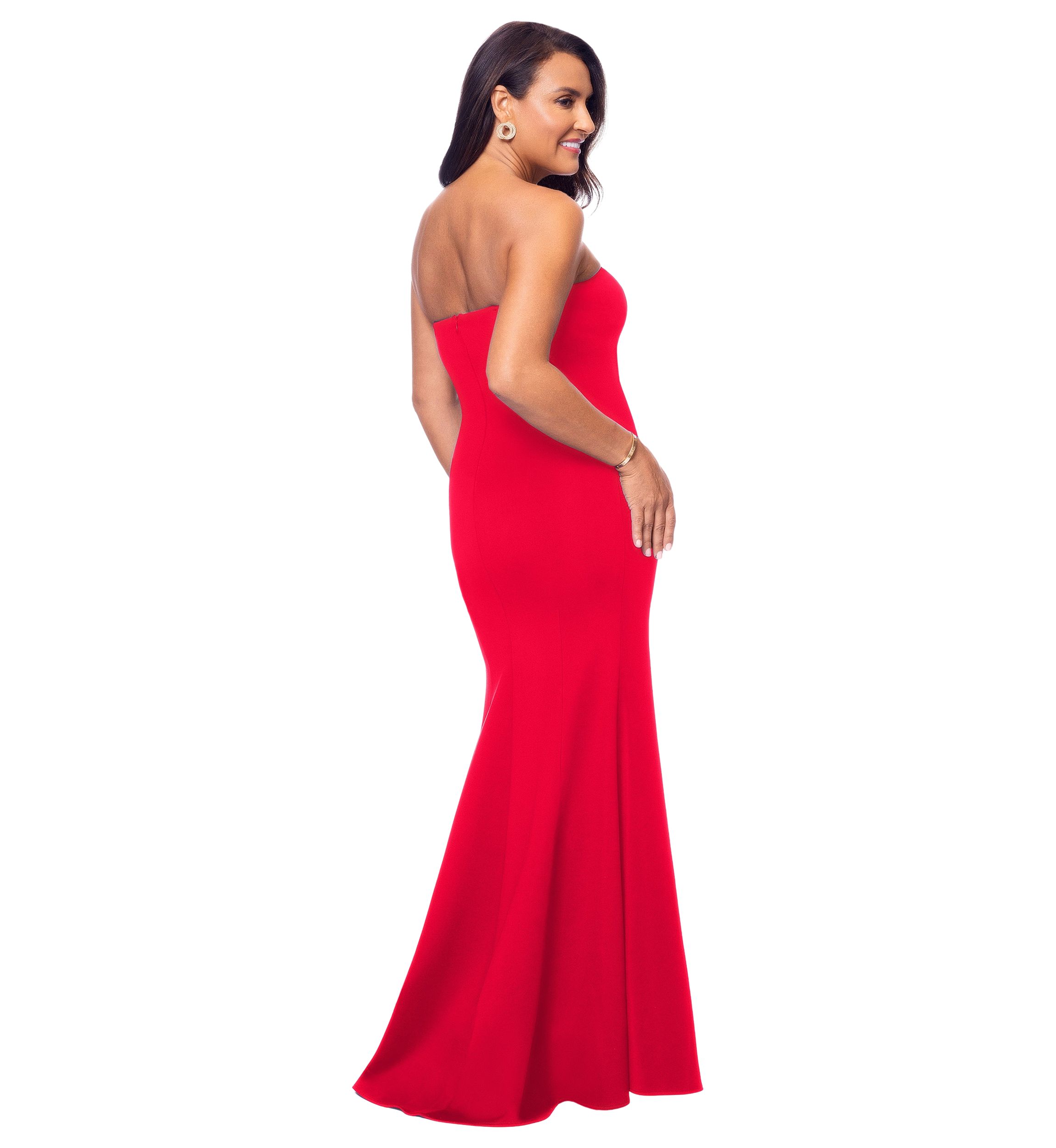 Womens Strapless Ruffle Detail Scuba Gown
