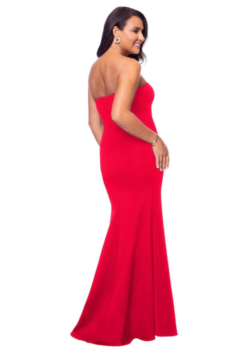 Womens Strapless Ruffle Detail Scuba Gown