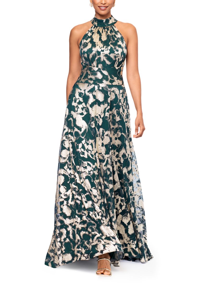 Womens Sleeveless Halter Print Metallic Gown