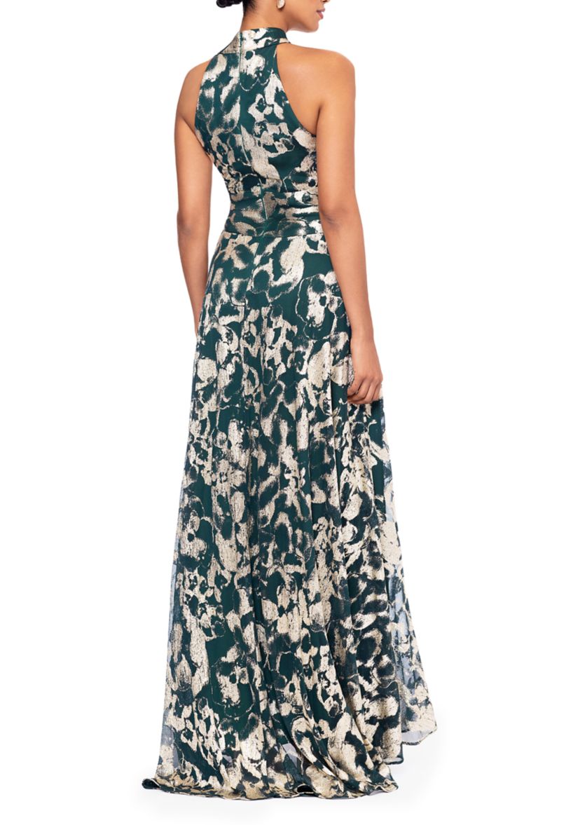 Womens Sleeveless Halter Print Metallic Gown
