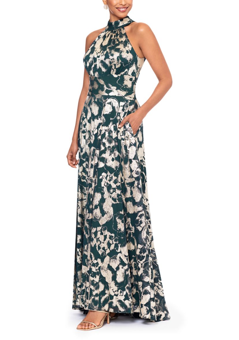 Womens Sleeveless Halter Print Metallic Gown