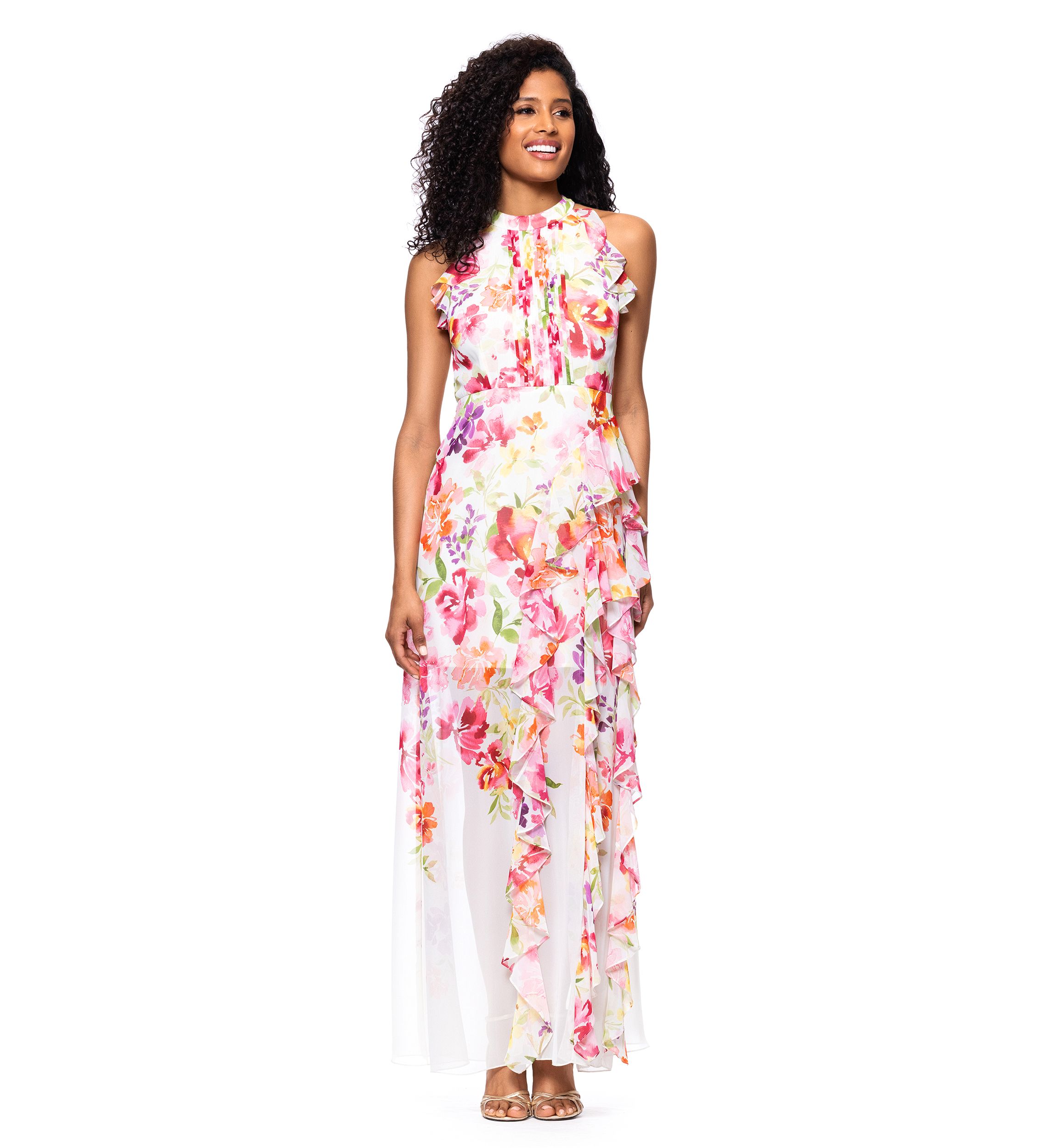 Womens Sleeveless Floral Printed Chiffon Gown