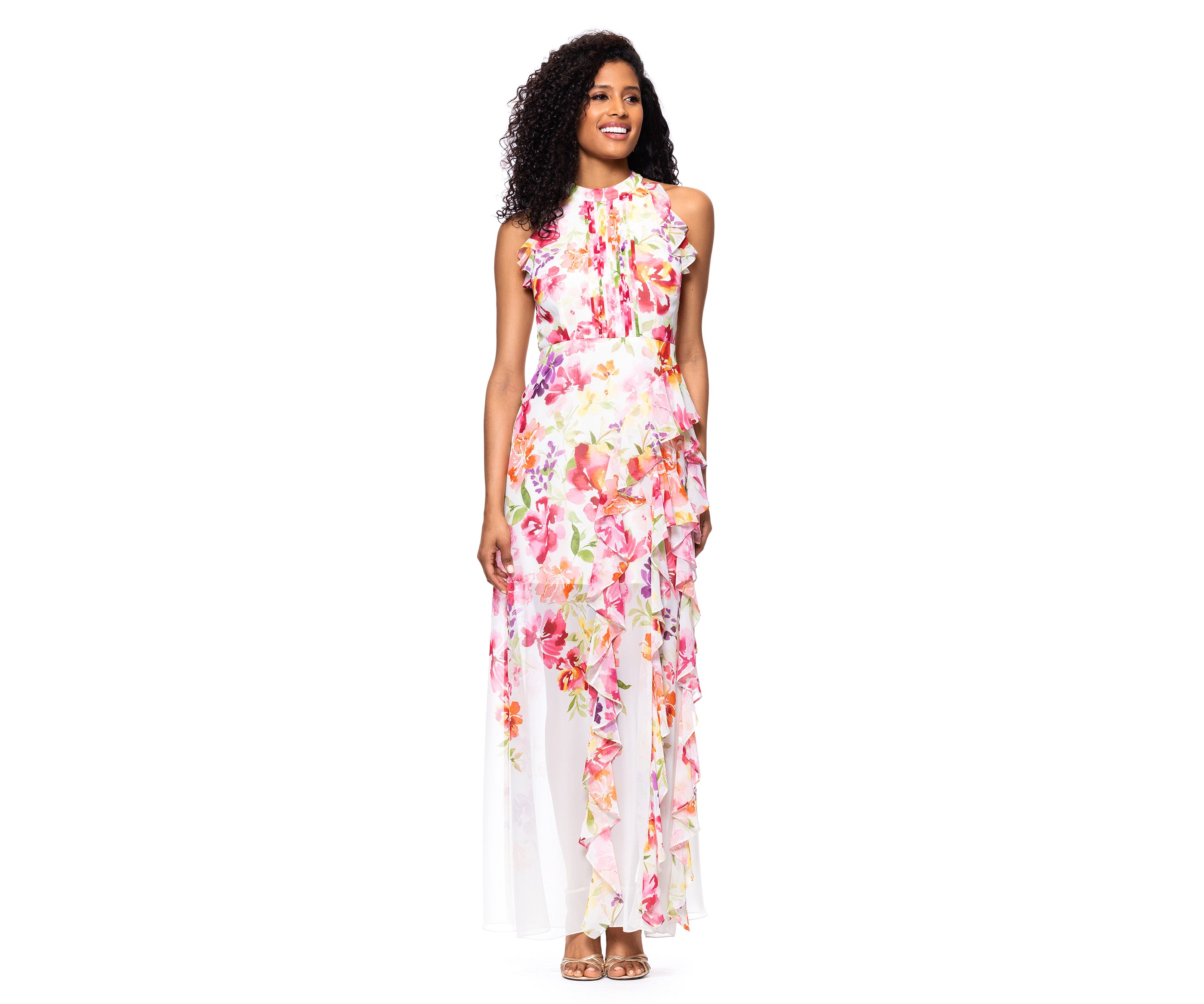 Womens Sleeveless Floral Printed Chiffon Gown