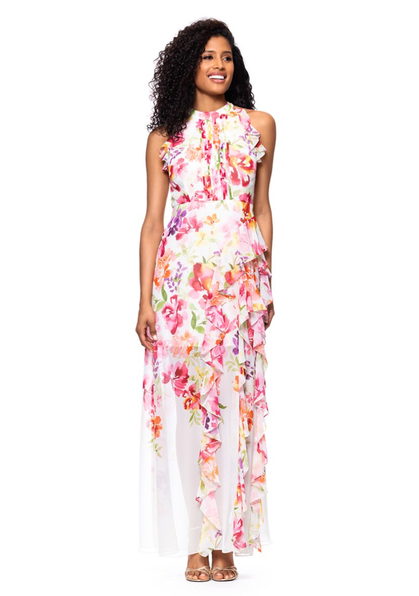Womens Sleeveless Floral Printed Chiffon Gown