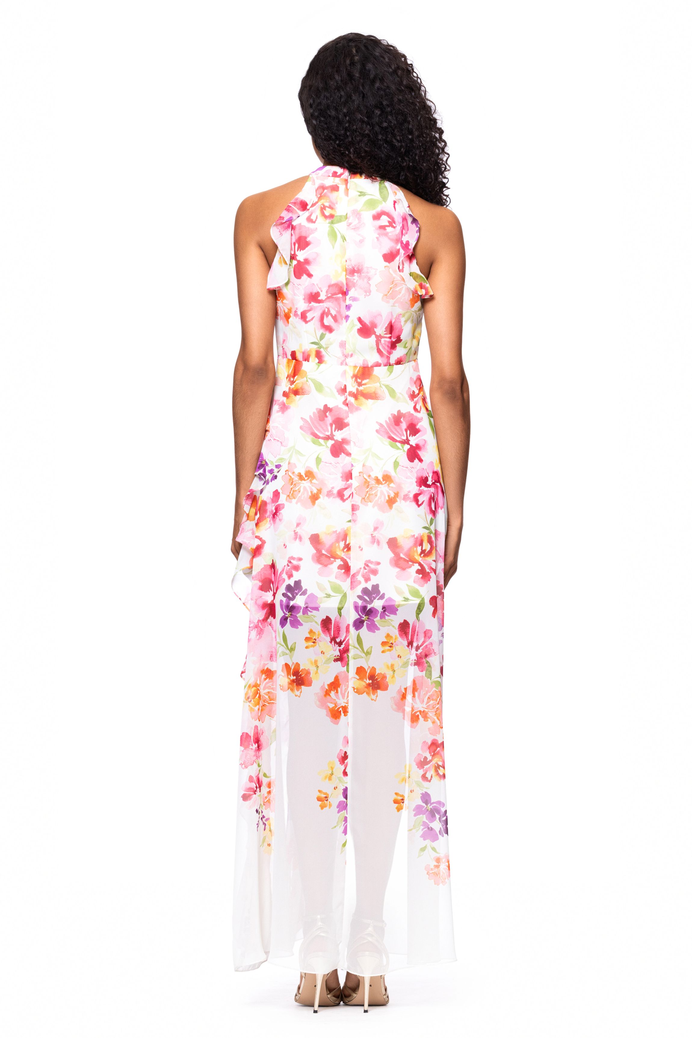 Womens Sleeveless Floral Printed Chiffon Gown