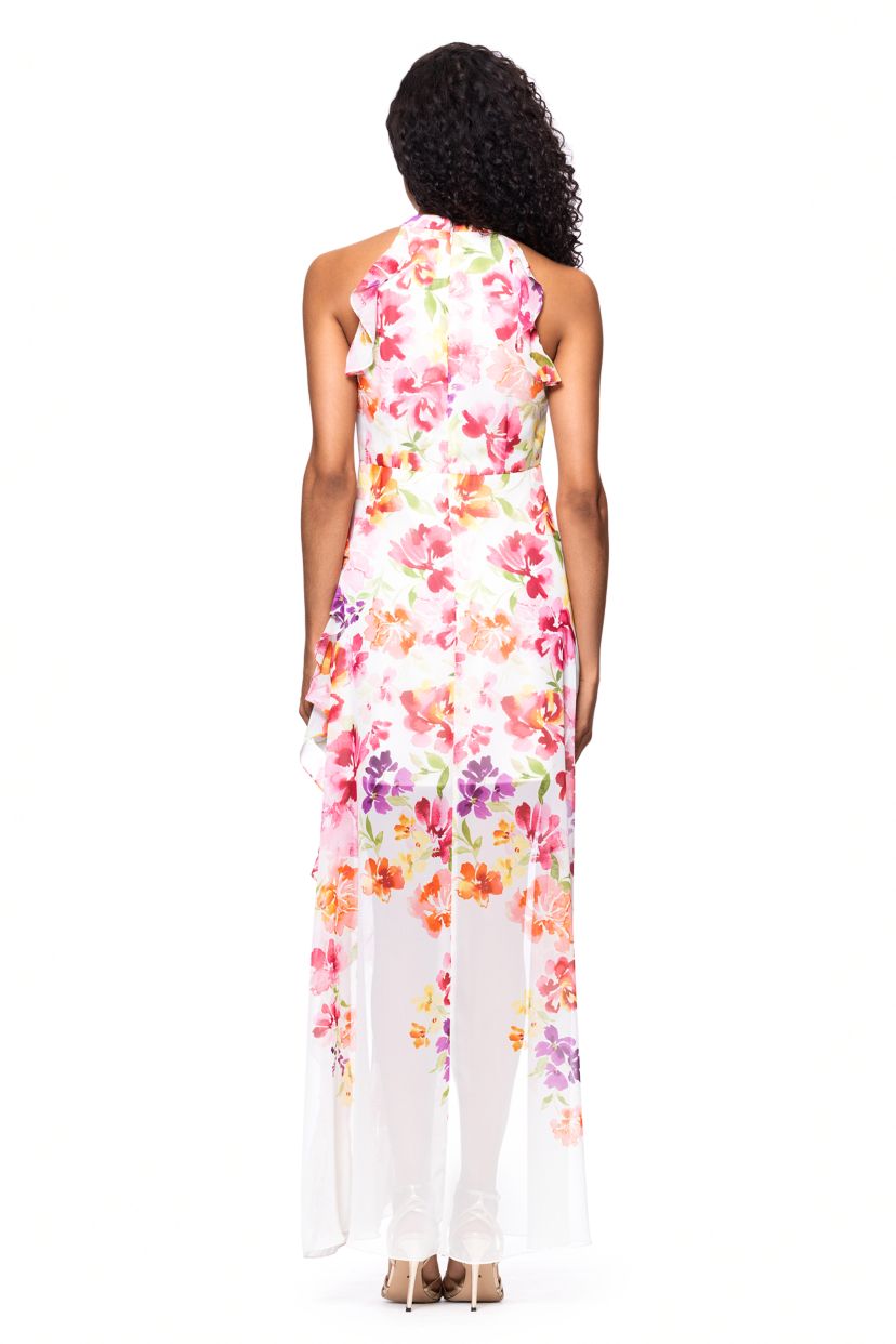 Womens Sleeveless Floral Printed Chiffon Gown