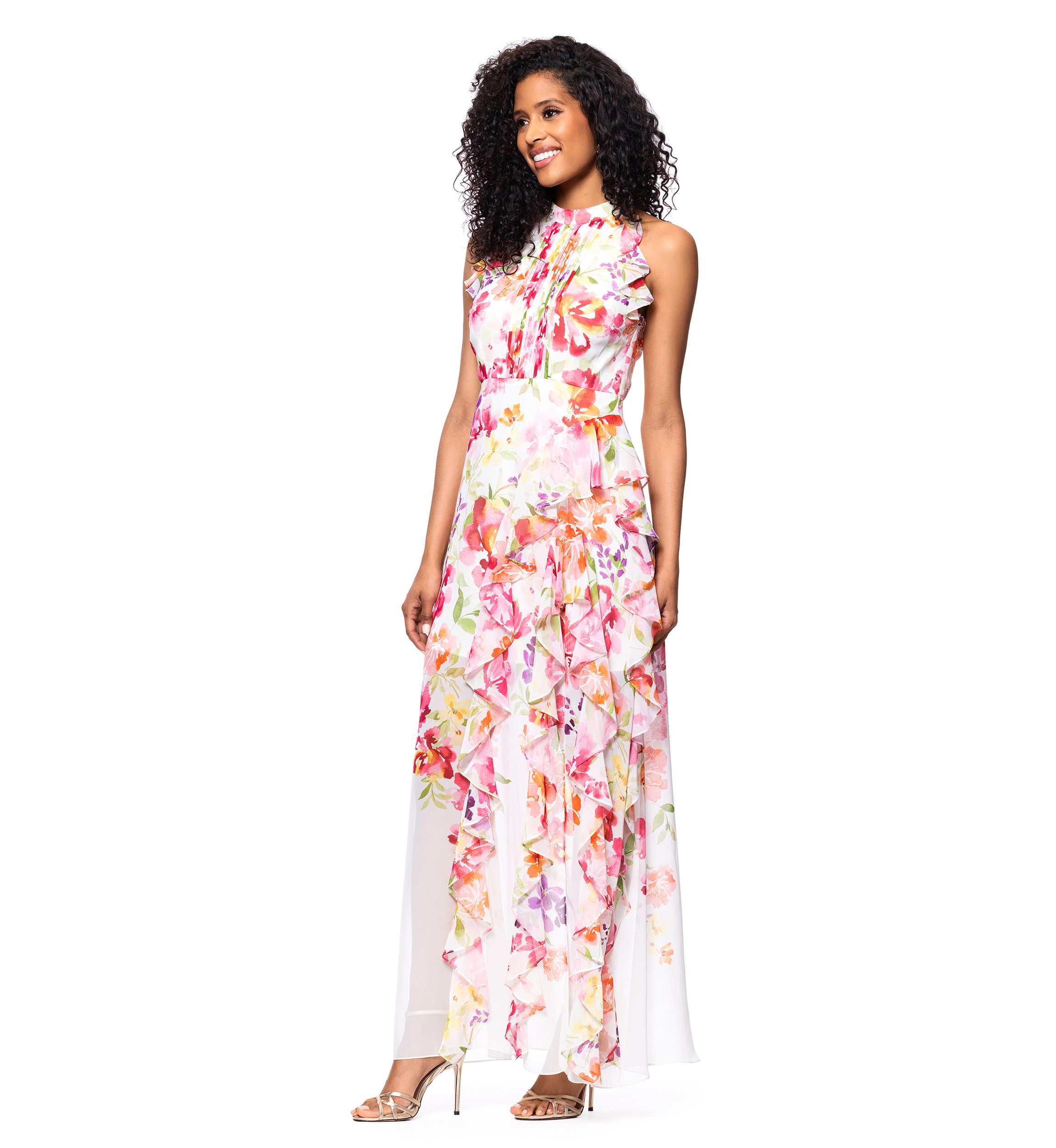 Womens Sleeveless Floral Printed Chiffon Gown