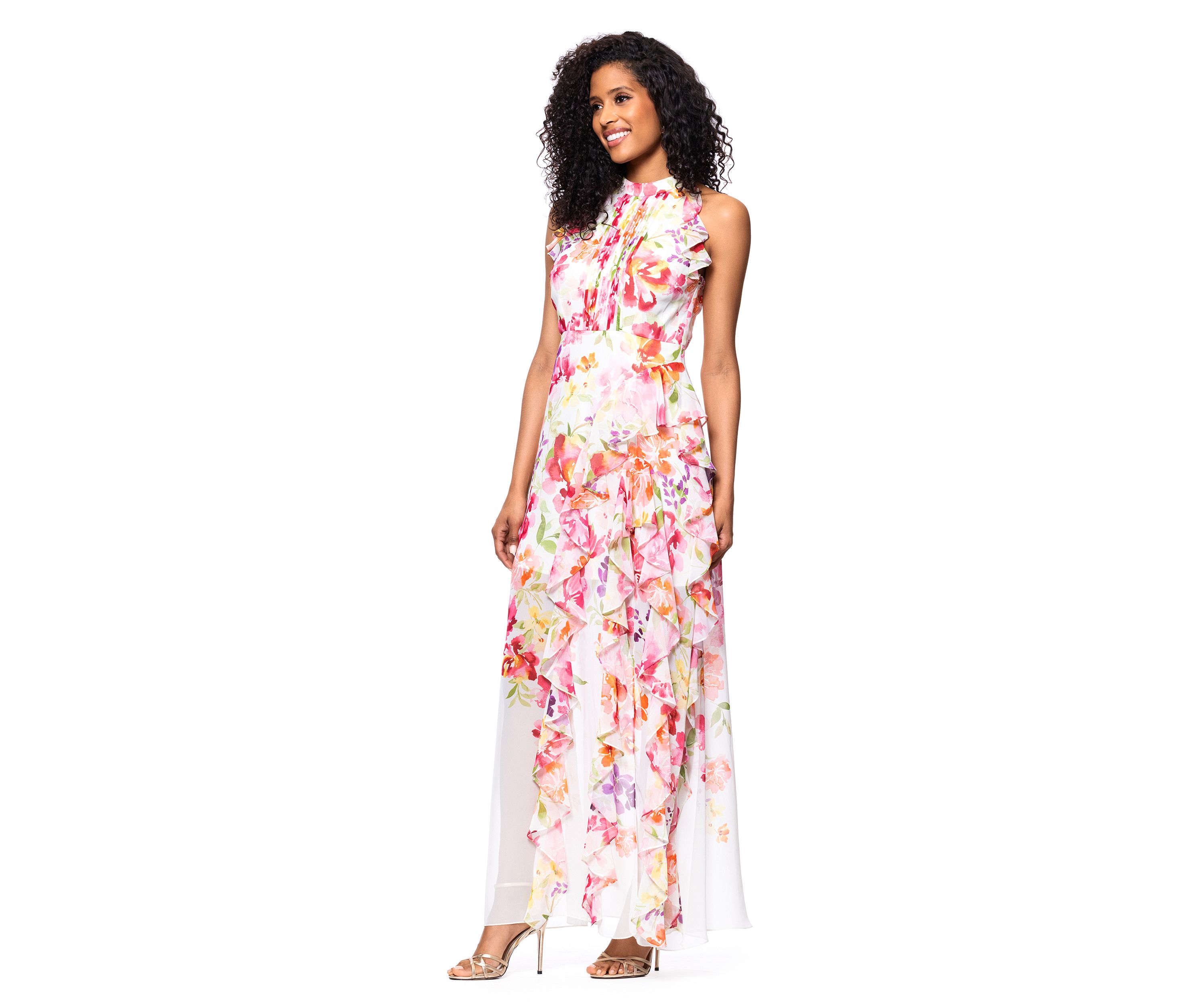 Womens Sleeveless Floral Printed Chiffon Gown
