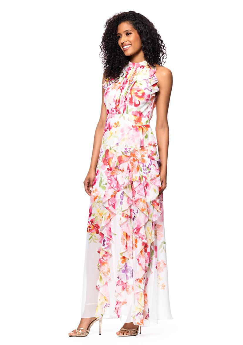 Womens Sleeveless Floral Printed Chiffon Gown