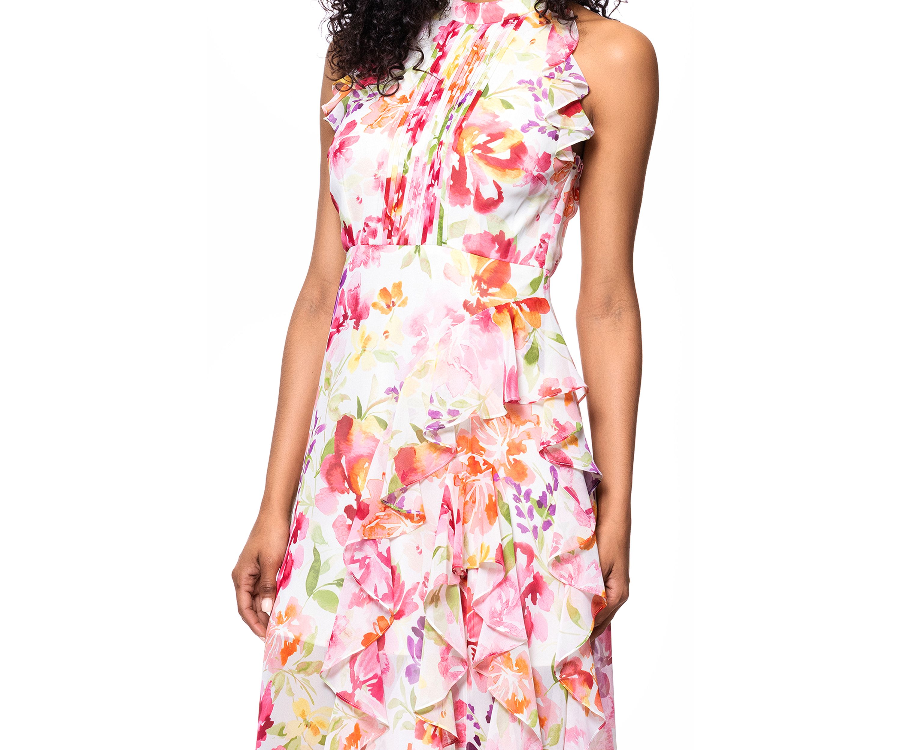 Womens Sleeveless Floral Printed Chiffon Gown