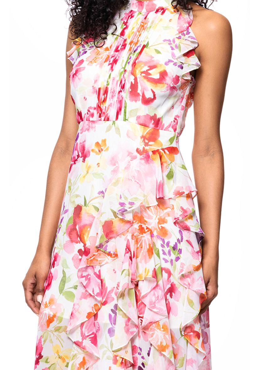 Womens Sleeveless Floral Printed Chiffon Gown