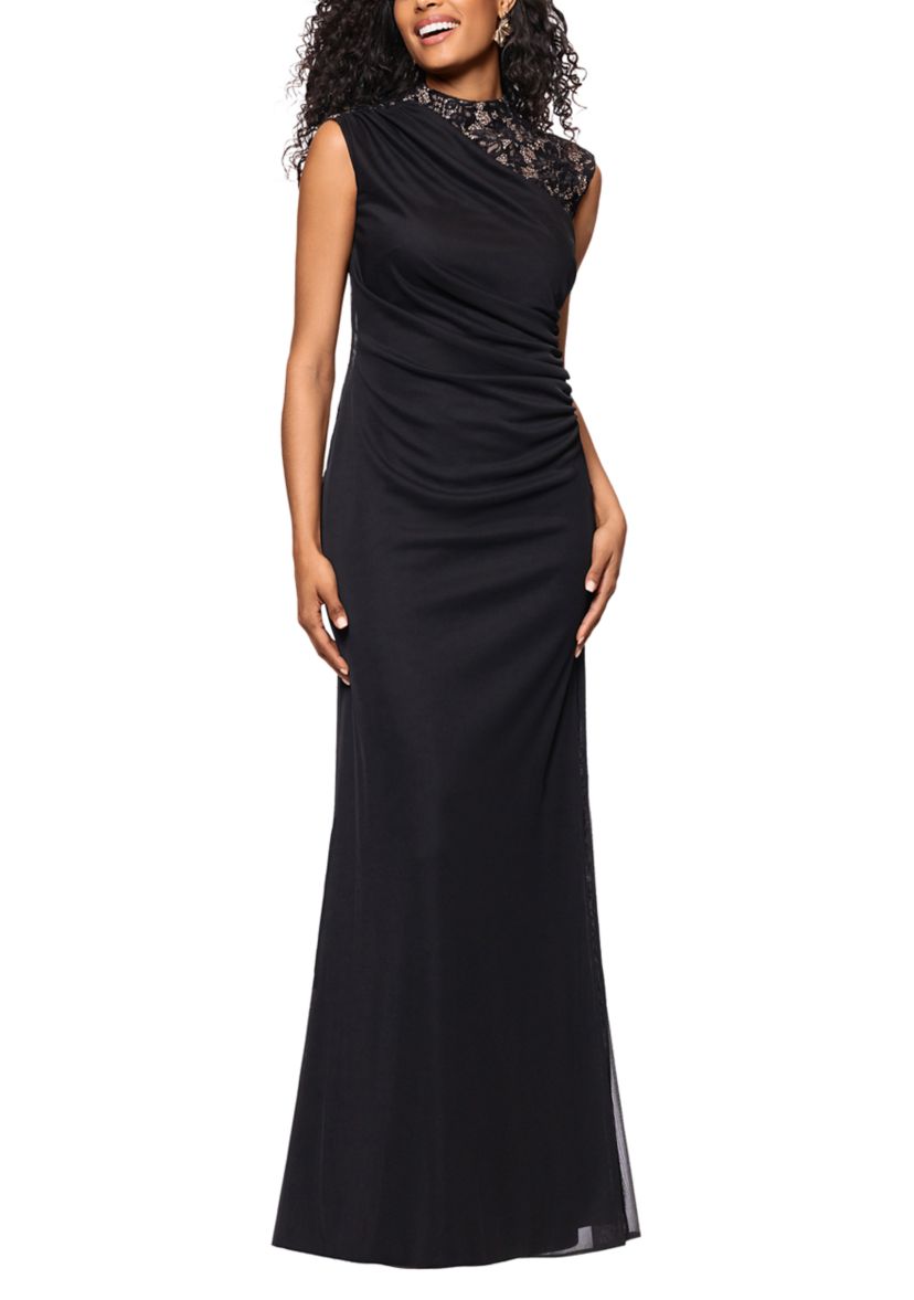 Betsy & Adam Women's Sleeveless Mock Neck Solid Mesh A-Line Dress | Belk