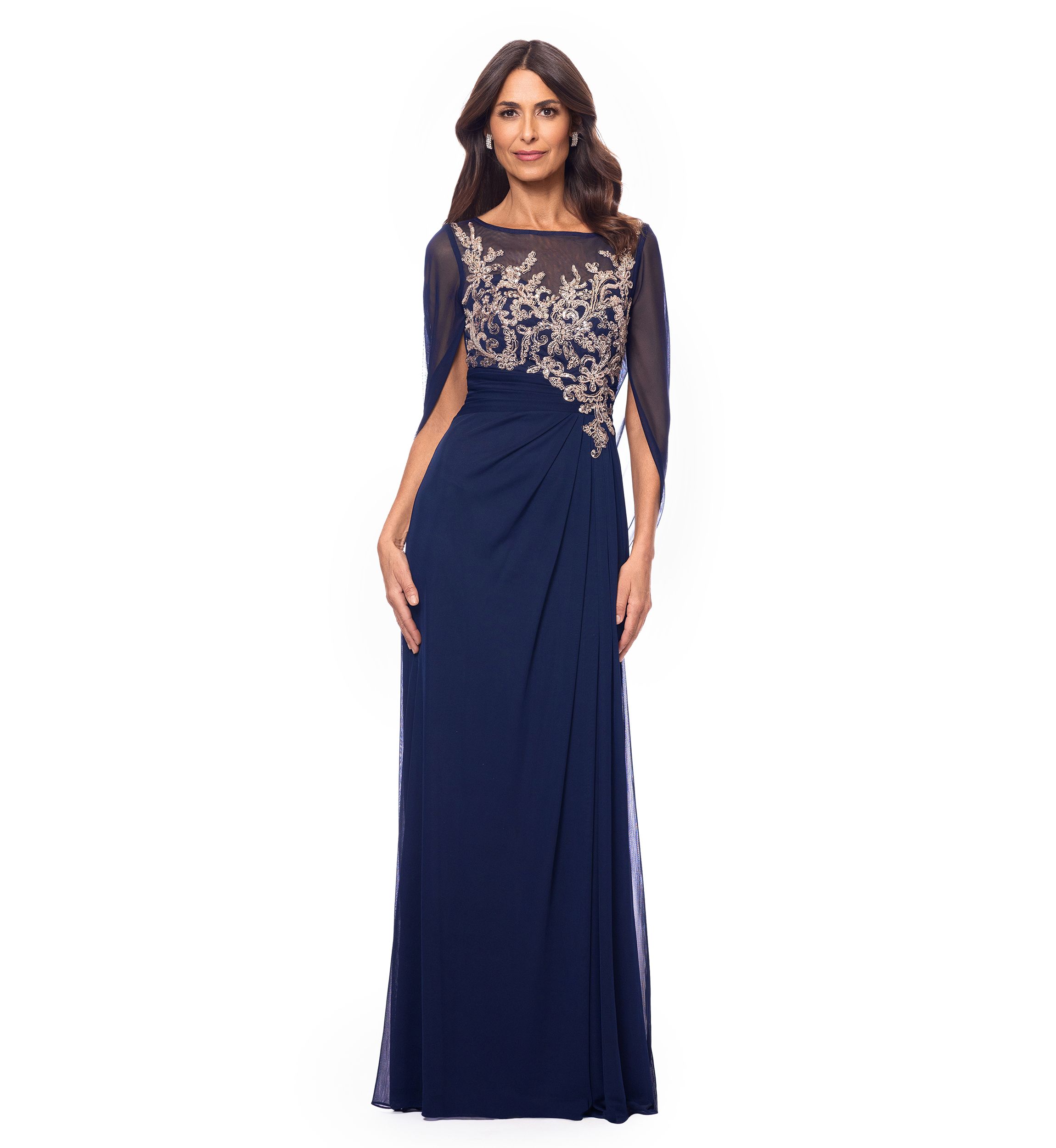 Womens Cape Sleeve Crew Neck Appliqué Gown