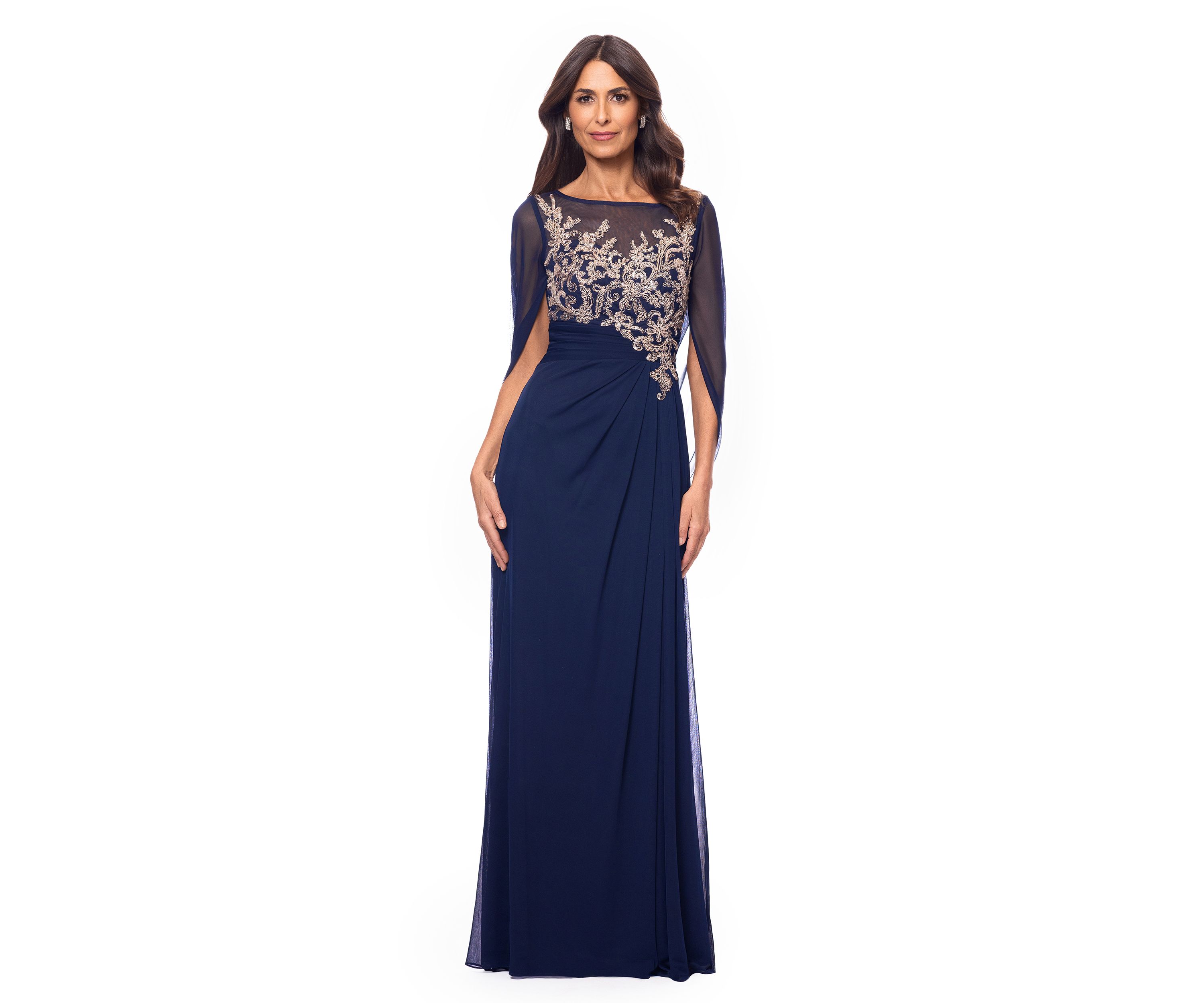 Womens Cape Sleeve Crew Neck Appliqué Gown