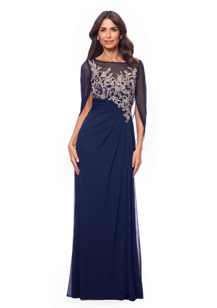 Womens Cape Sleeve Crew Neck Appliqué Gown