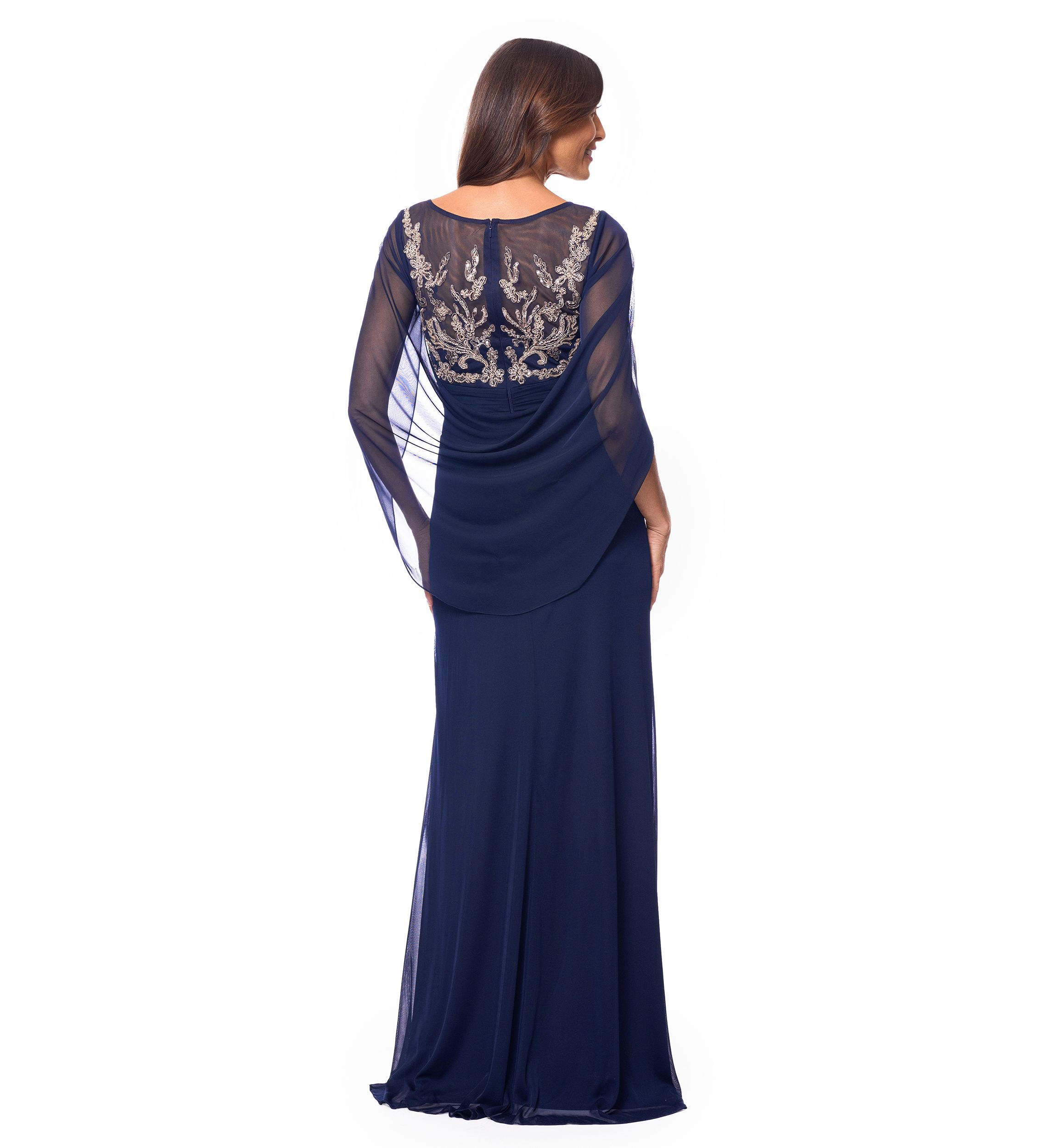 Womens Cape Sleeve Crew Neck Appliqué Gown