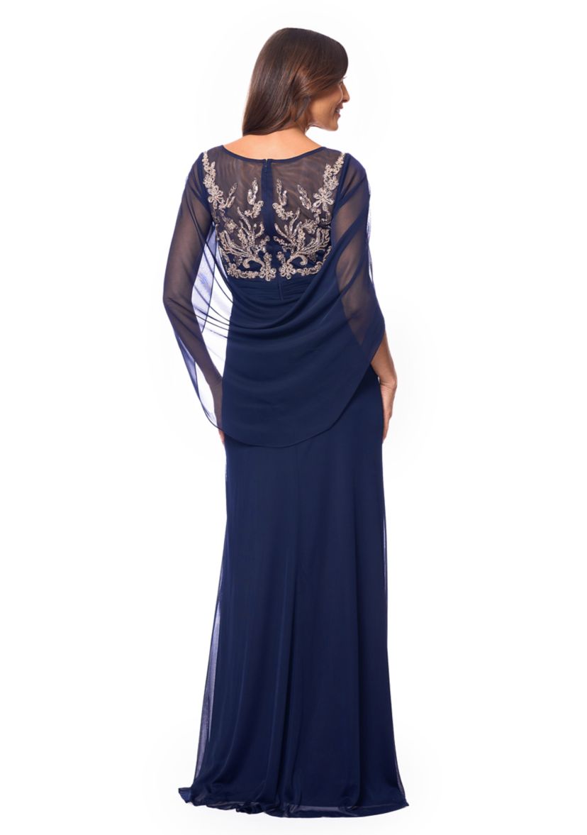 Womens Cape Sleeve Crew Neck Appliqué Gown