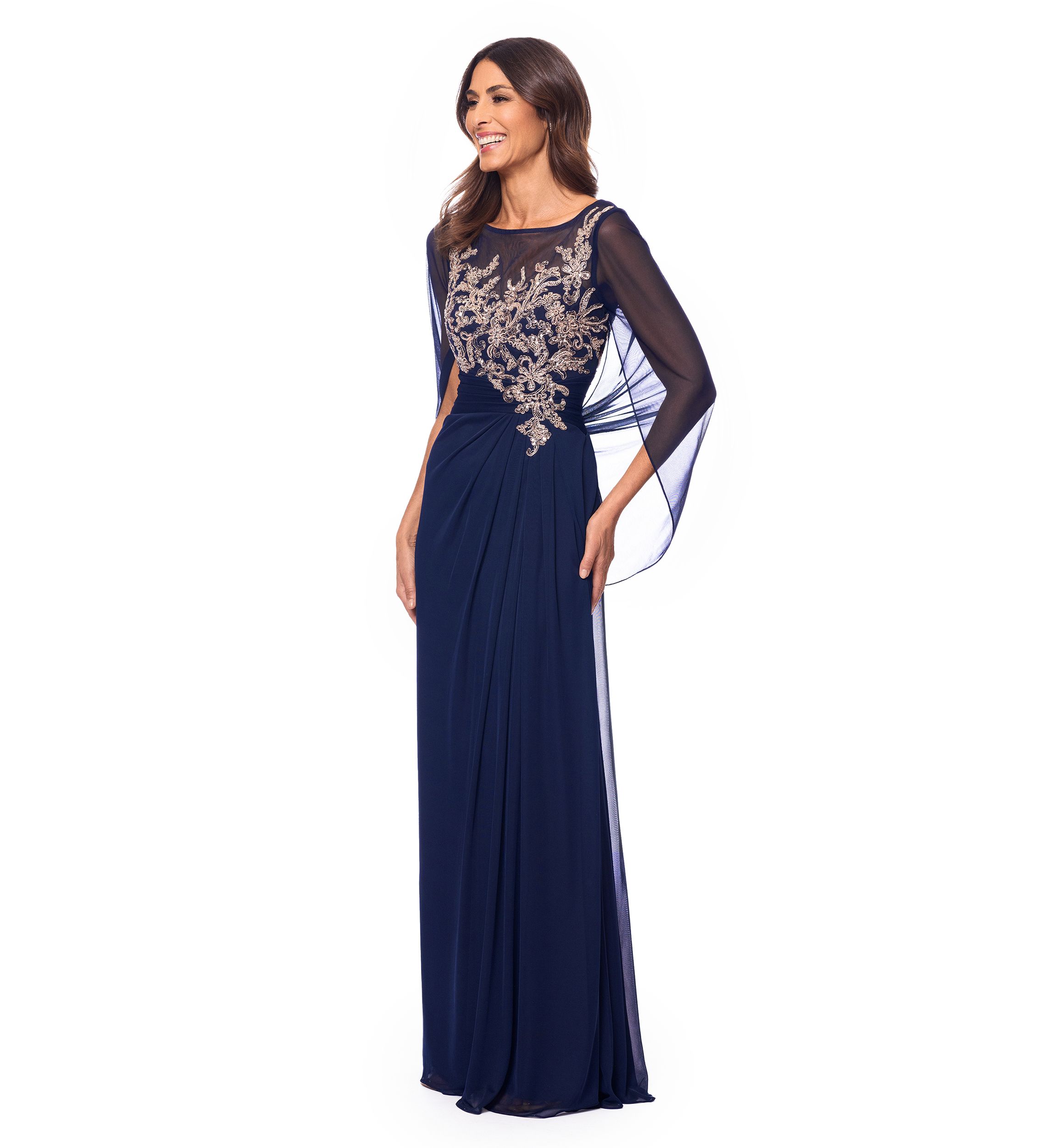 Womens Cape Sleeve Crew Neck Appliqué Gown