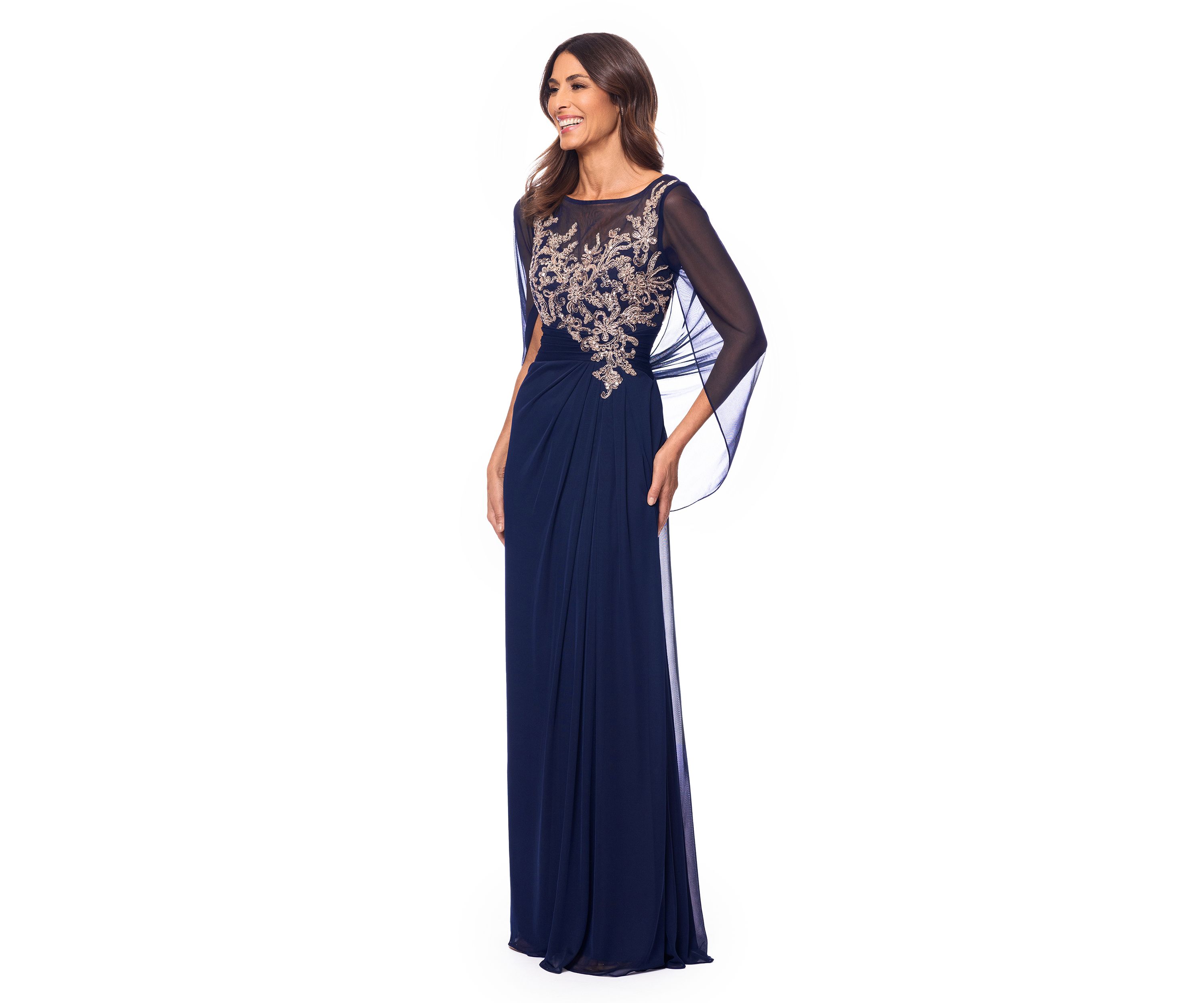 Womens Cape Sleeve Crew Neck Appliqué Gown