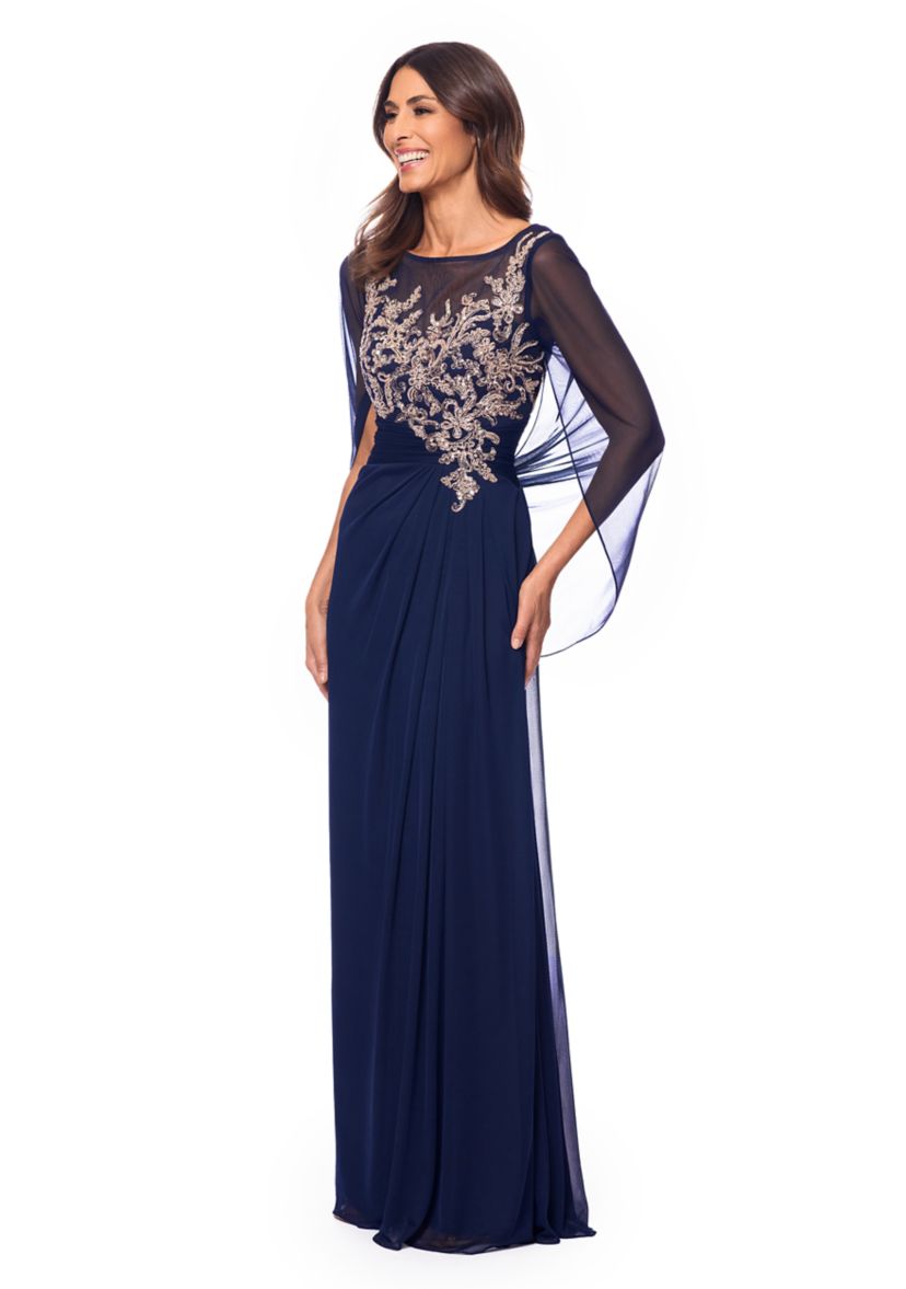 Womens Cape Sleeve Crew Neck Appliqué Gown