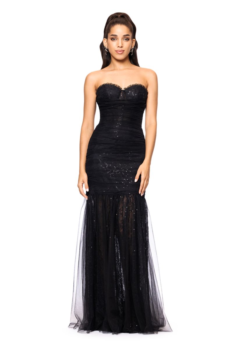 black fitted maxi dress with sleeves Floral-Sequin Long Prom Dress: Betsy & Adam A27017 Nude/Plum / 0 main image 0