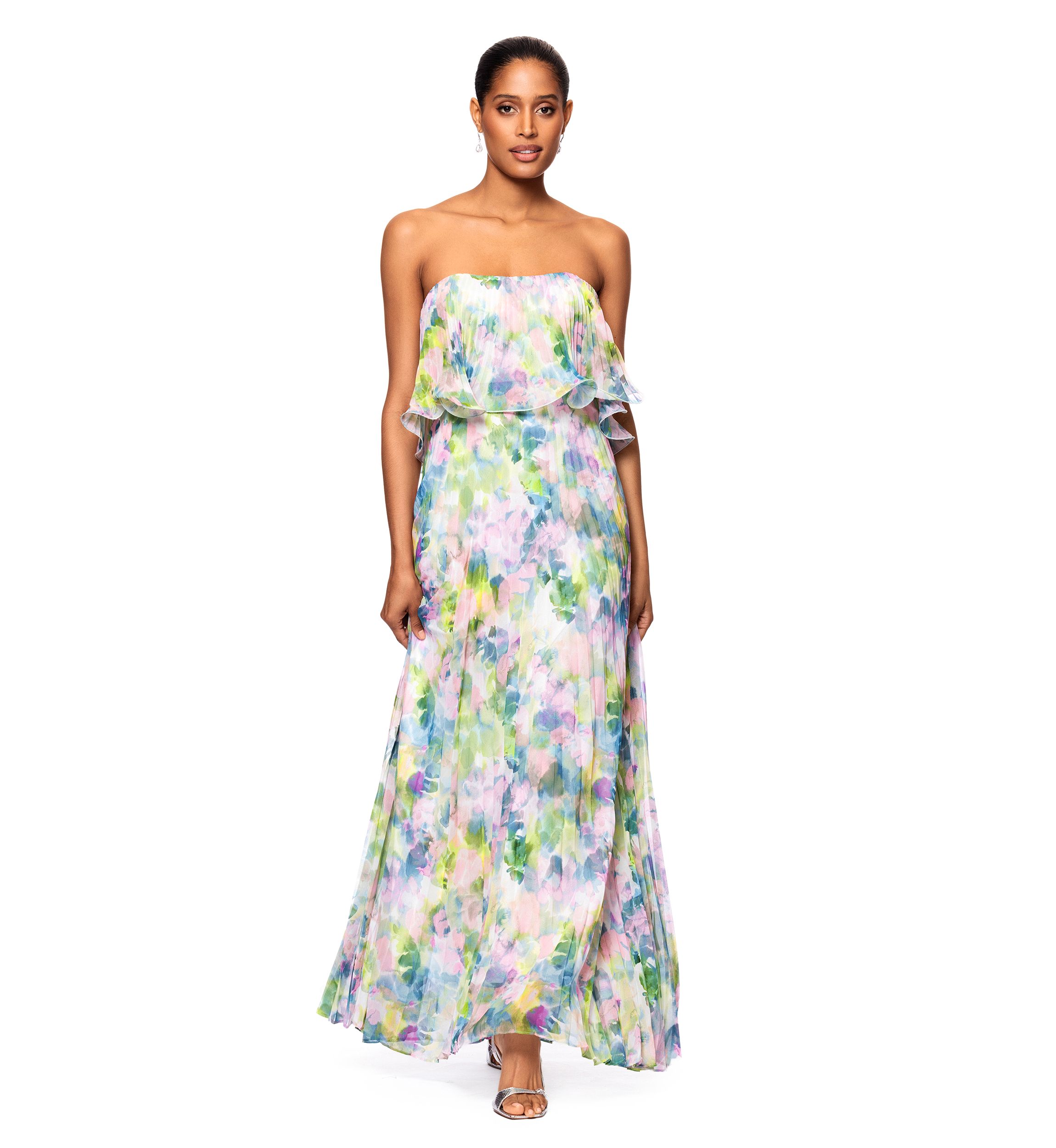 Womens Short Sleeve Watercolor Floral Chiffon Gown 