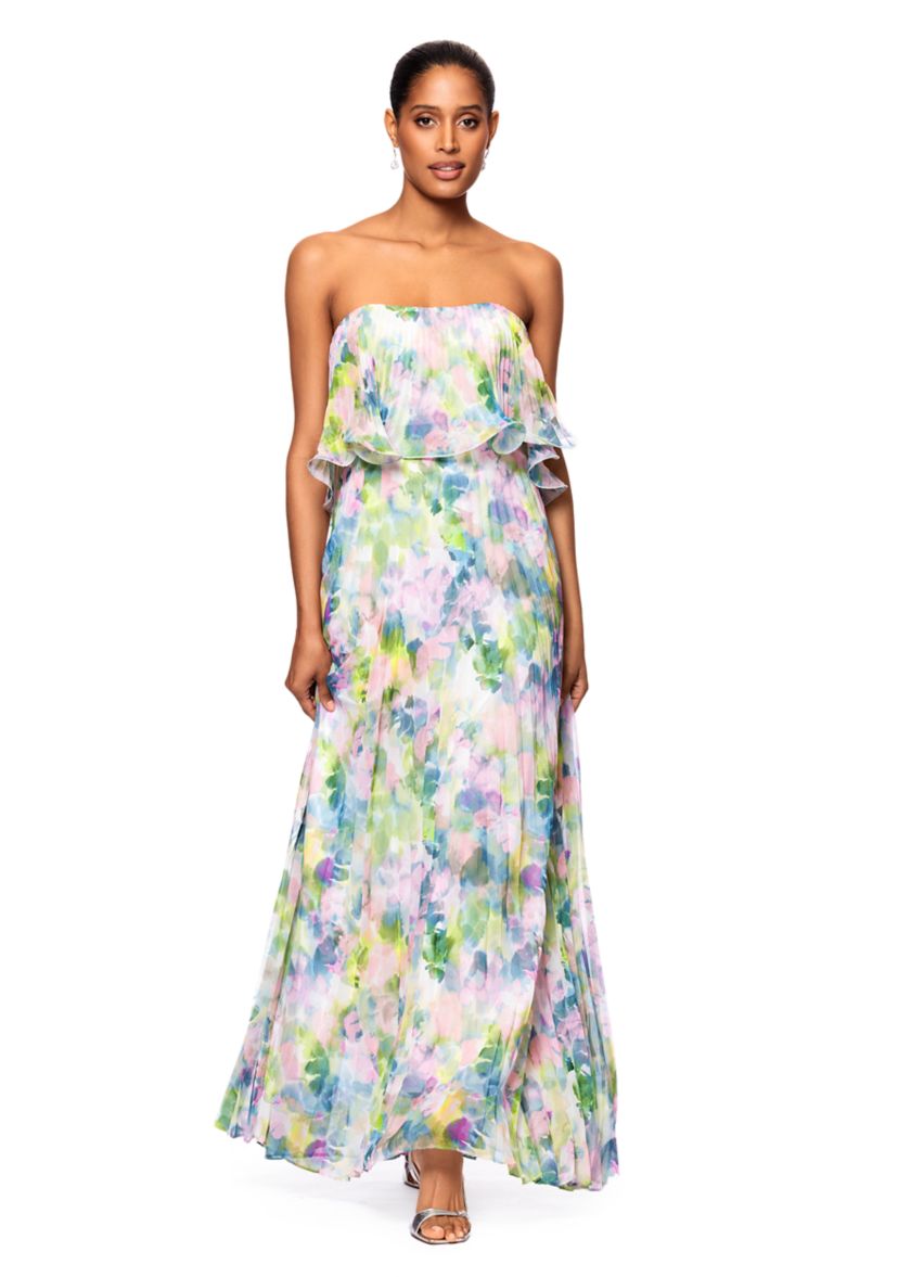 Womens Short Sleeve Watercolor Floral Chiffon Gown 