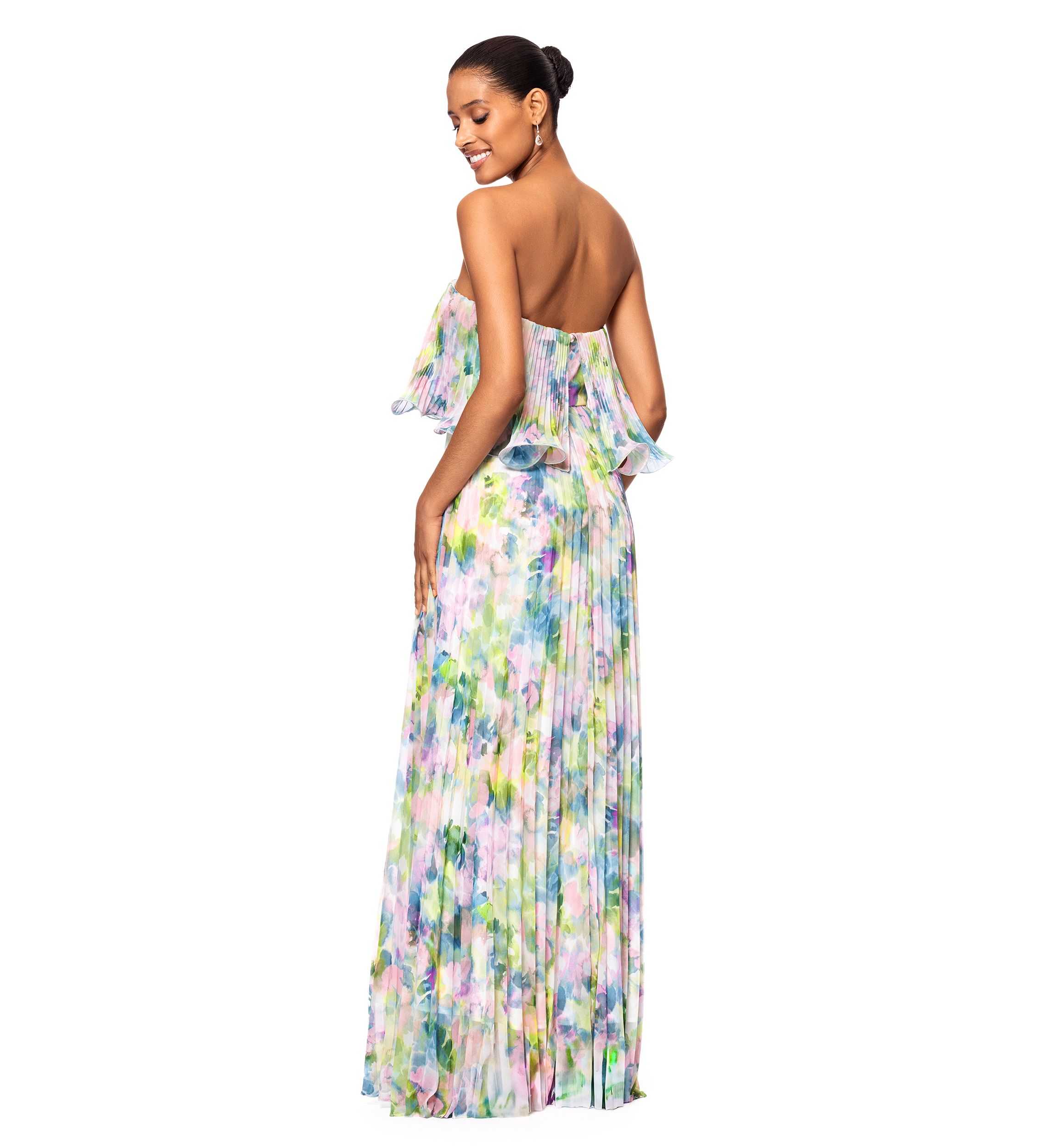 Womens Short Sleeve Watercolor Floral Chiffon Gown 