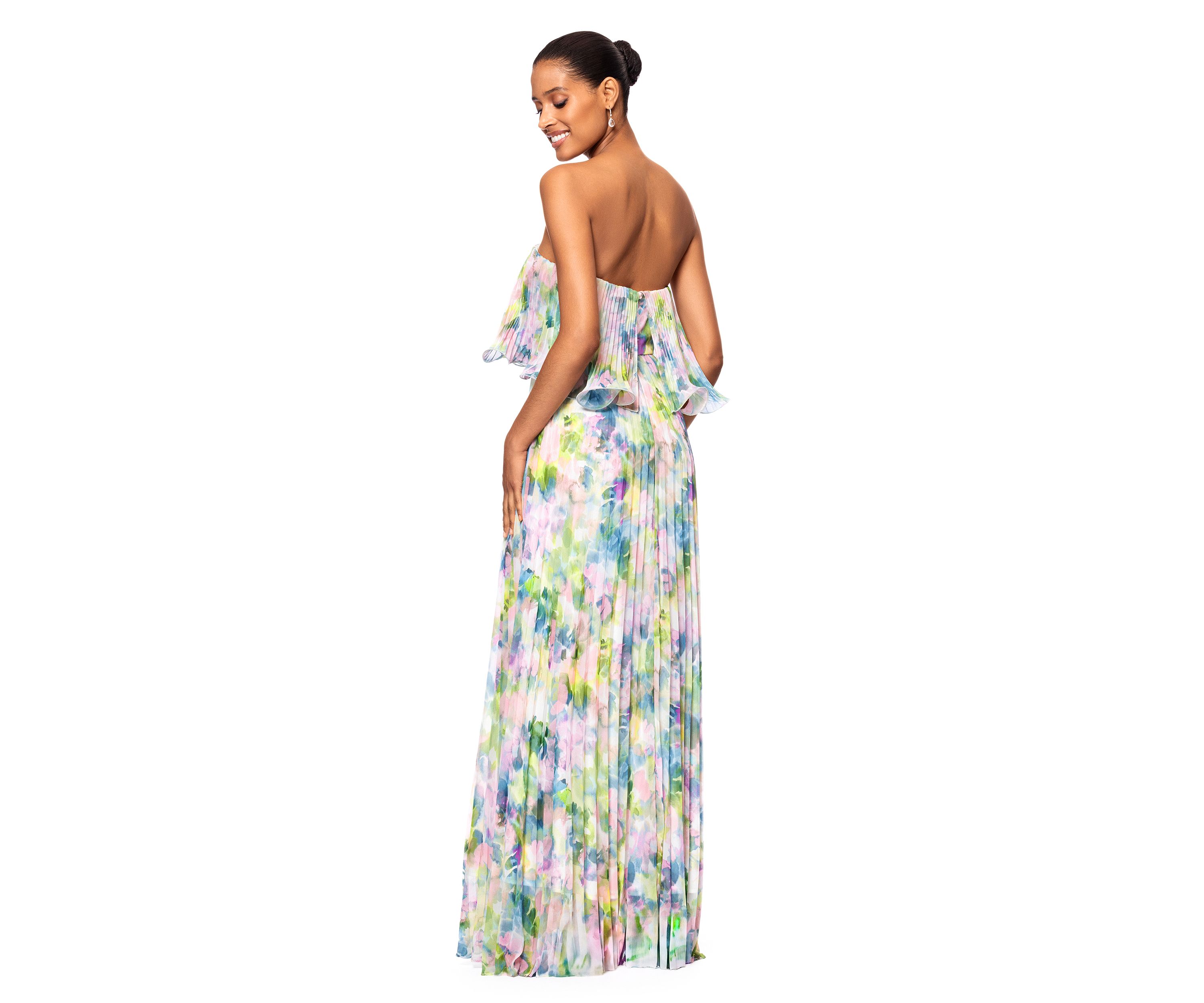 Womens Short Sleeve Watercolor Floral Chiffon Gown 