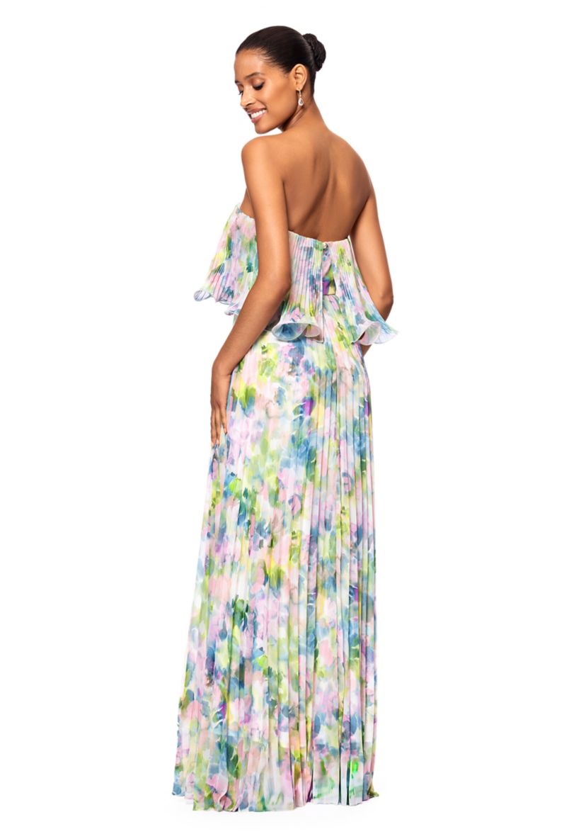 Womens Short Sleeve Watercolor Floral Chiffon Gown 